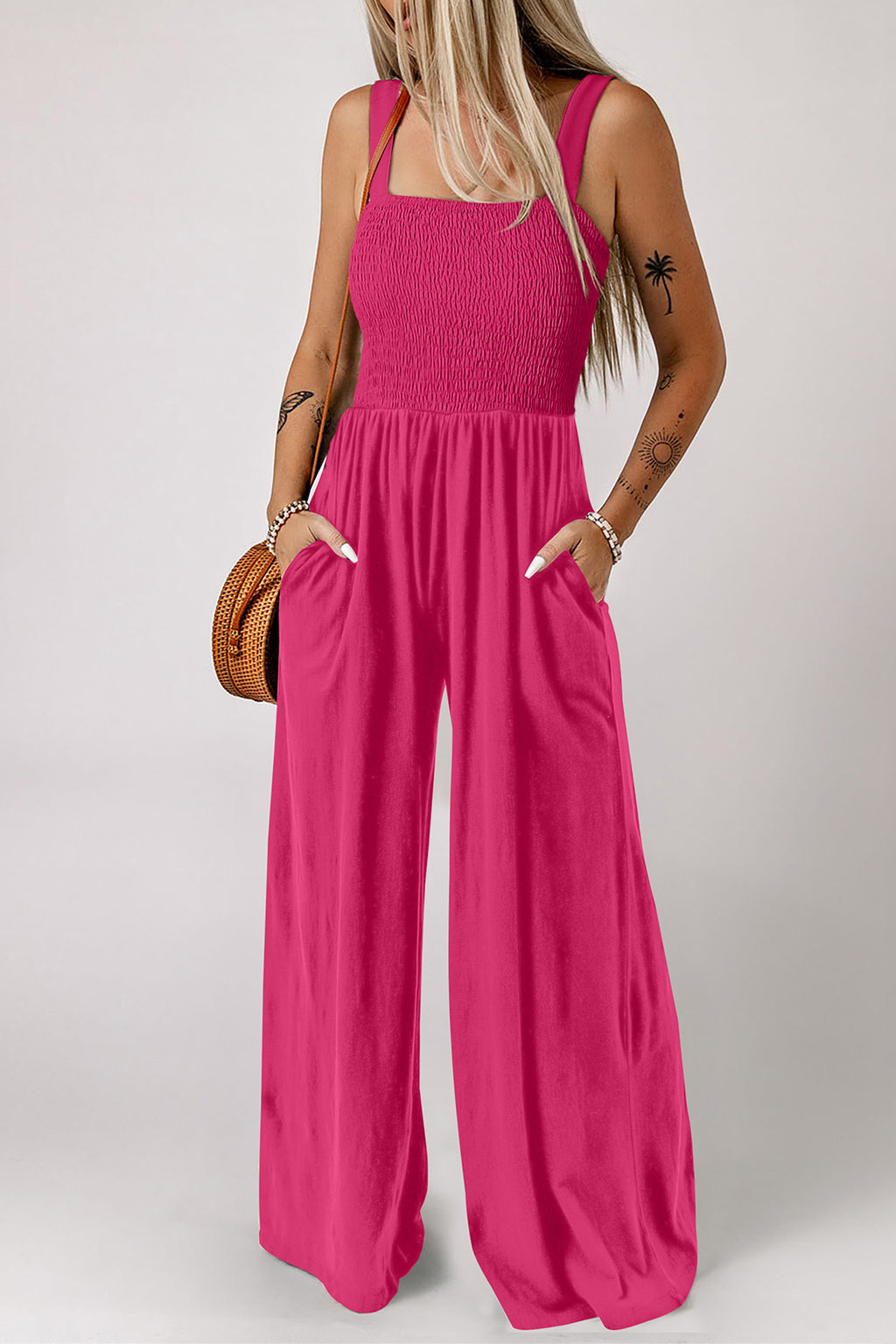 Women's Rose Red Smocked Square Neck Sleeveless Jumpsuit with Pockets at LivelyLooks