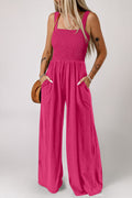 Women's Rose Red Smocked Square Neck Sleeveless Jumpsuit with Pockets at LivelyLooks