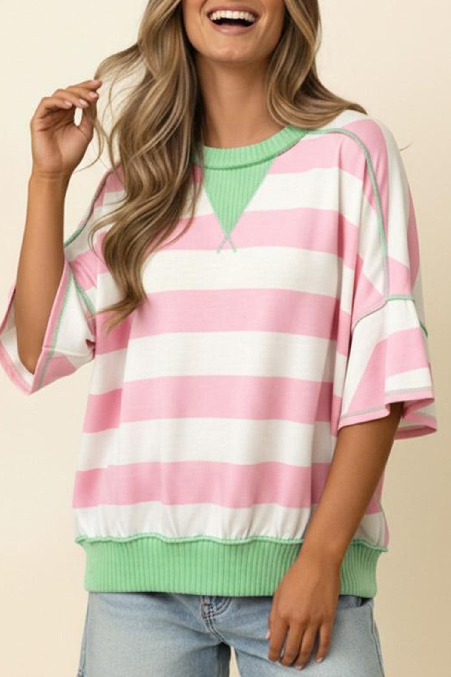Stripe Colourblock Ribbed Patchwork Exposed Seam Oversized Tee | Pink & Green
