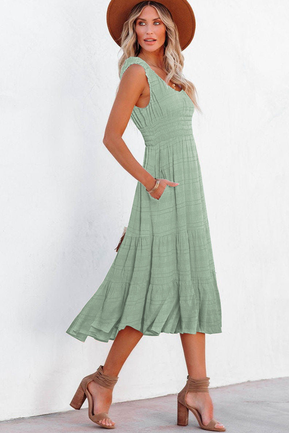 Shop Shirred Pleated Square Neck Sleeveless Midi Dress | S-XL at LivelyLooks