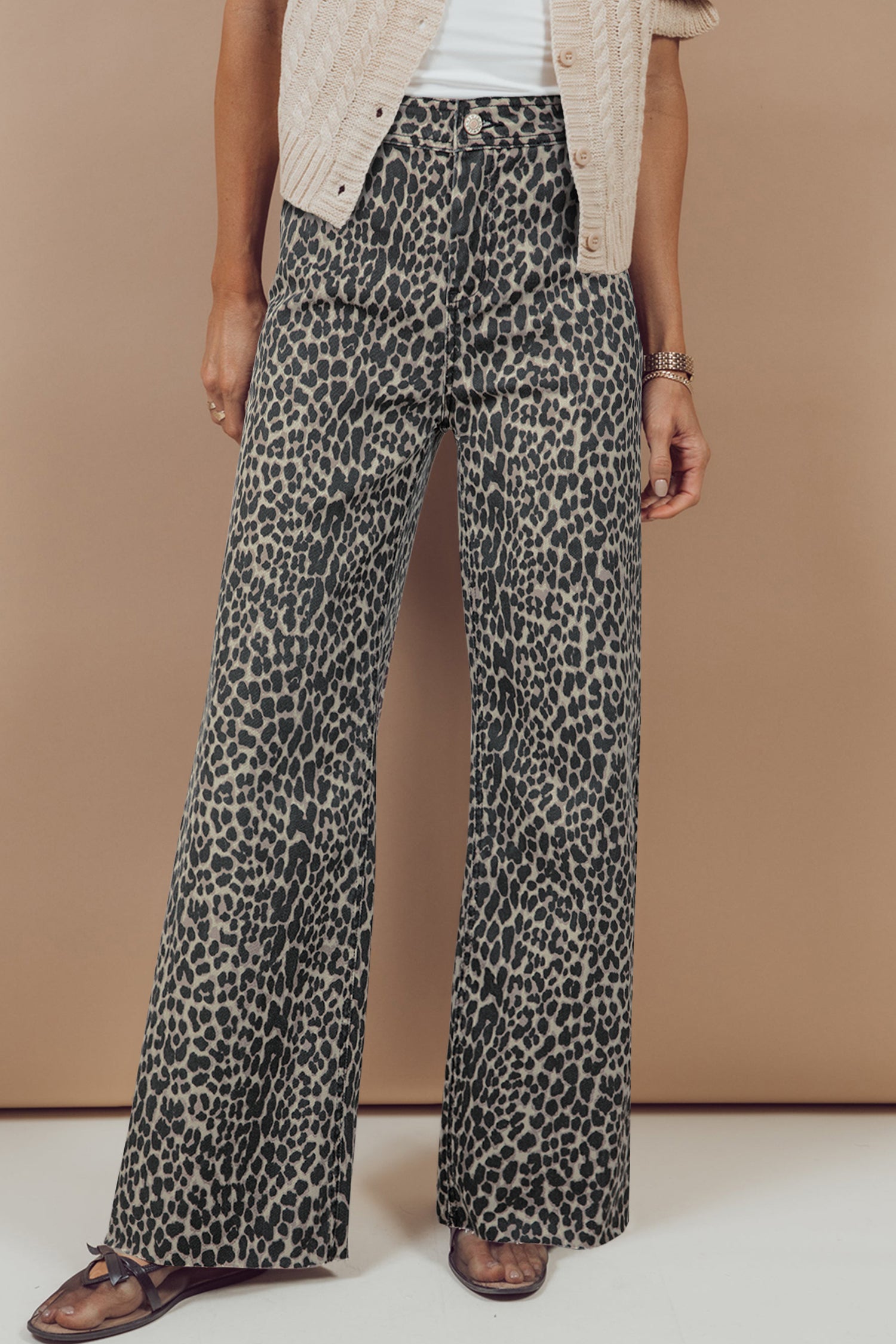 Shop Black Leopard Print High Waist Wide Leg Jeans UK 8-20 at LivelyLooks