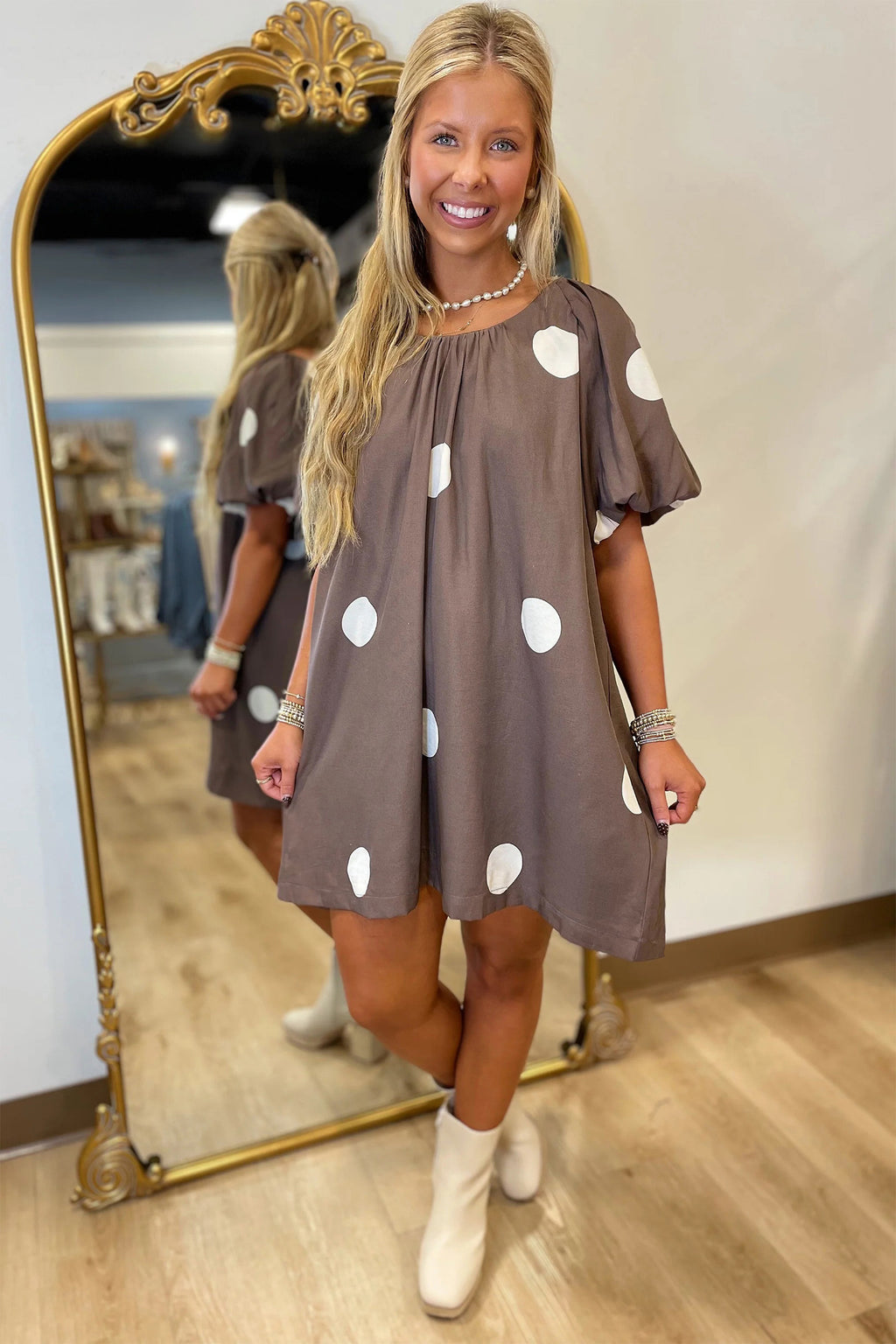 Shop Brown Polka Dot Puff Sleeve Mini Dress Knot Back Loose Fit UK 8-22 at LivelyLooks