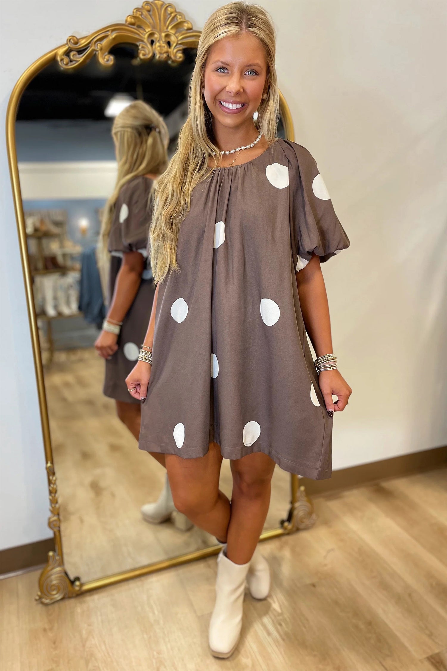 Shop Brown Polka Dot Puff Sleeve Mini Dress Knot Back Loose Fit UK 8-22 at LivelyLooks