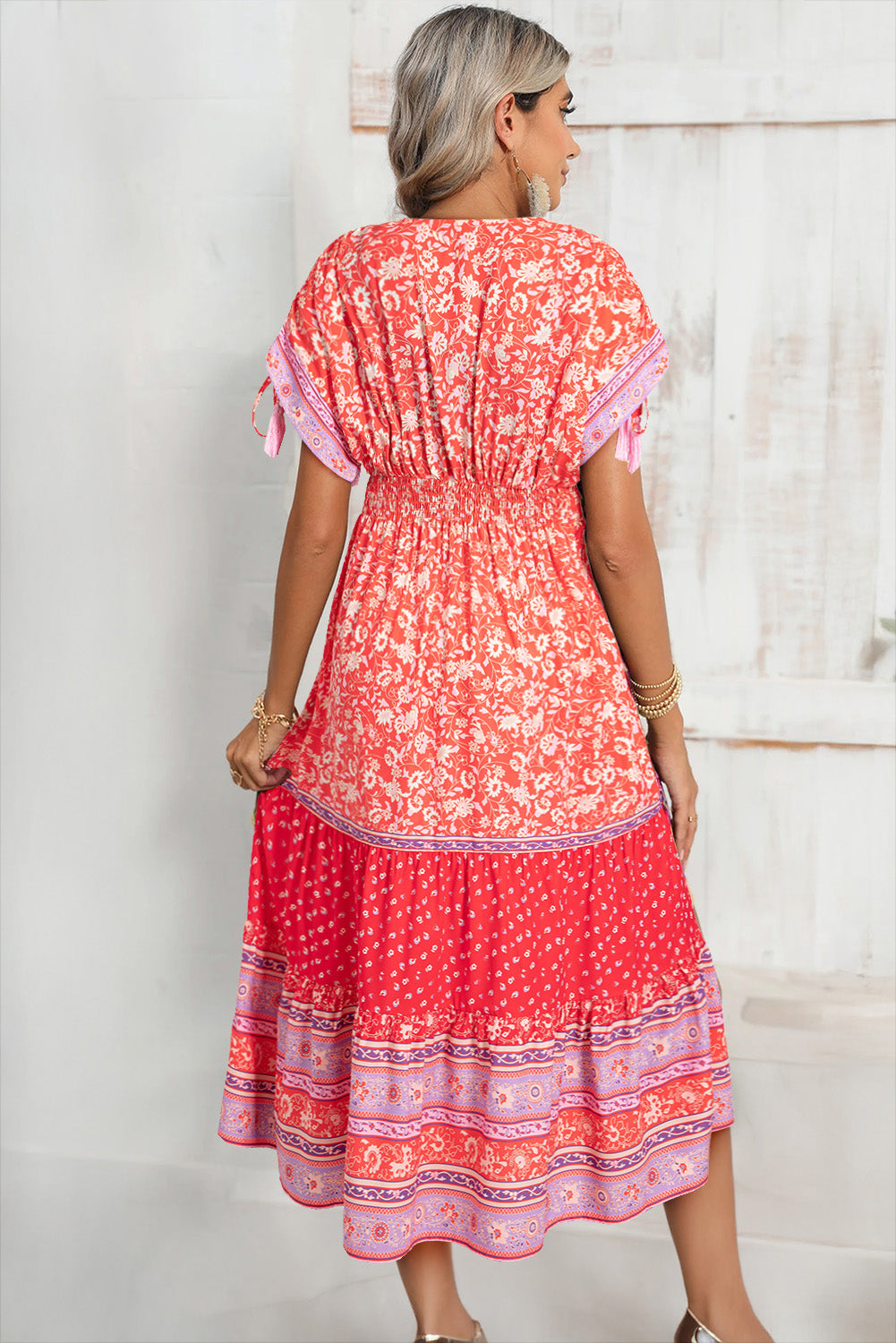 Shop Floral Print Tassel Tied Sleeve Empire Waist Boho Maxi Dress | S-XL at LivelyLooks