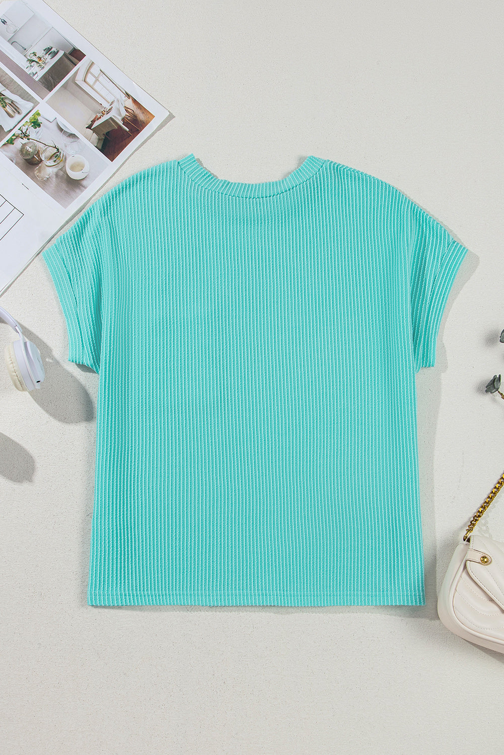 Corded Rib Knit Colour Block Patch Pocket Crew Neck Tee | Pink Blue Grey