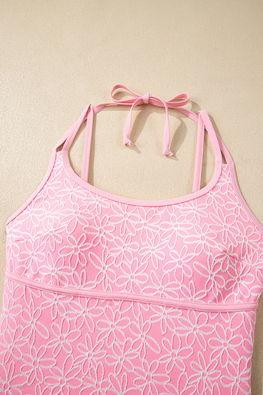 Women's Women Pink Corded Flower Texture Halterneck Spaghetti Strap One Piece Swimsuit S-XL at LivelyLooks