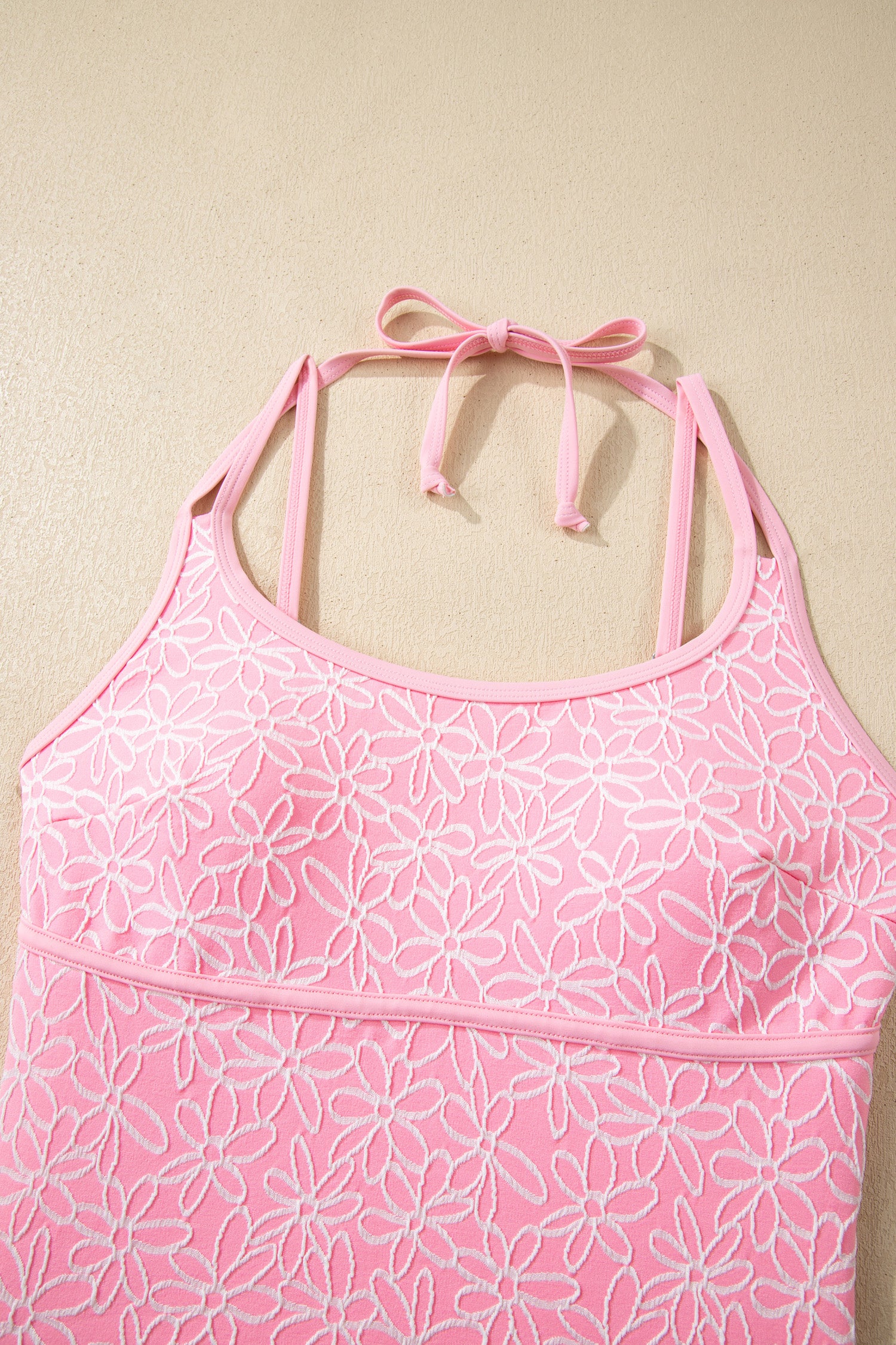 Women's Women Pink Corded Flower Texture Halterneck Spaghetti Strap One Piece Swimsuit S-XL at LivelyLooks