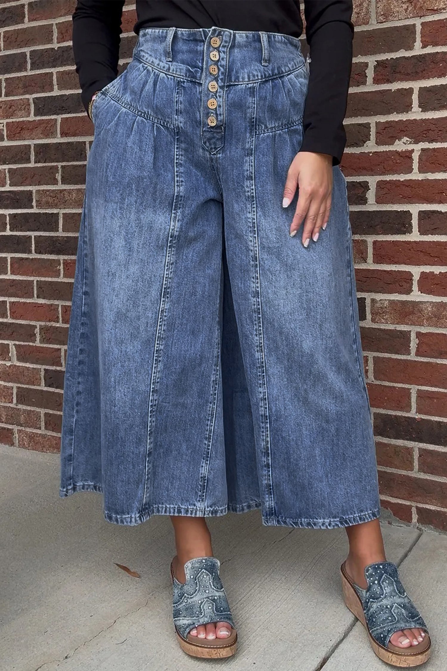 Dusk Blue High Rise Buttons Pleated Cropped Wide Leg Denim Pants | UK 8–18