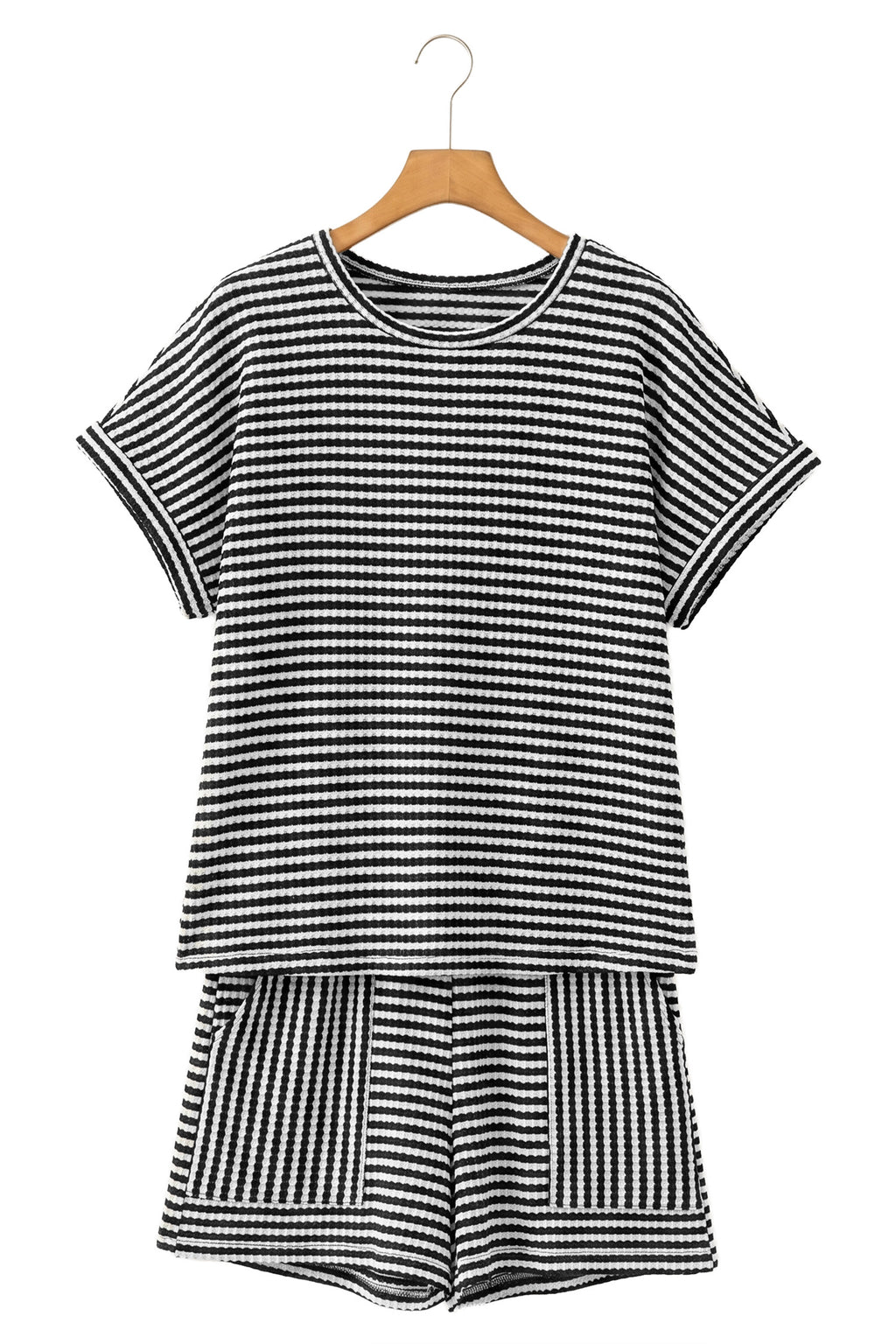 Stripe Textured Knit Top & Shorts Co-ord Set | Brown, Black & Purple