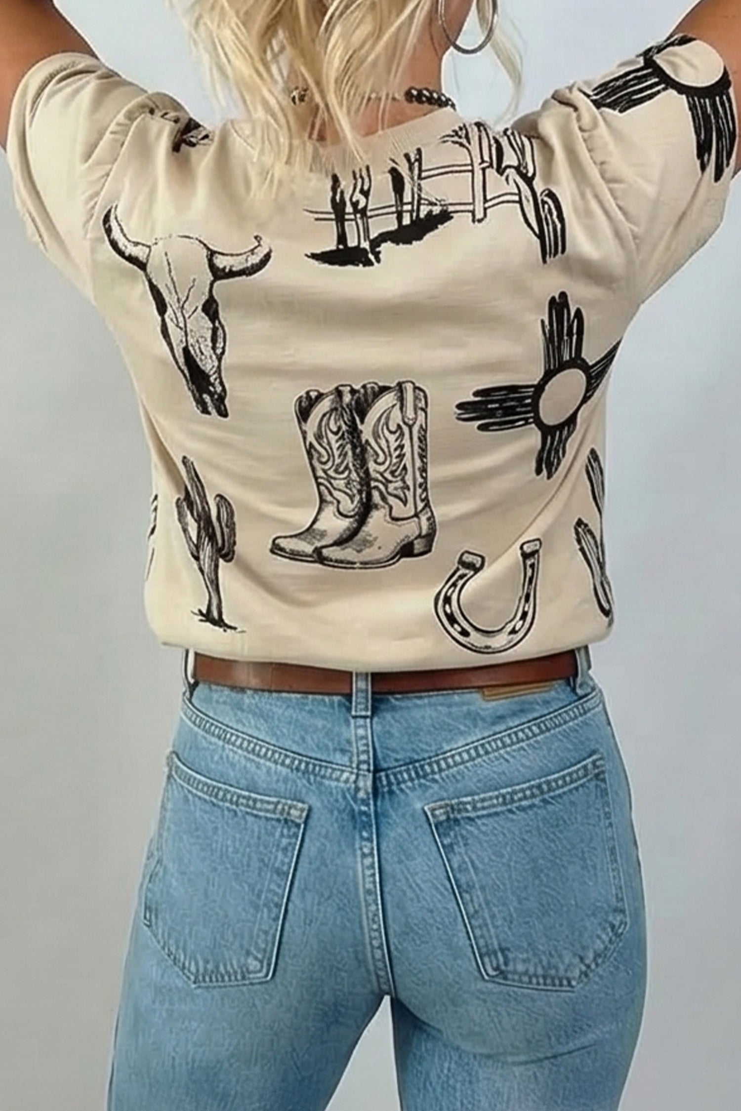 Beige Retro Western Print T-Shirt Cowboy Boots Cactus Short Sleeve Women S-XL