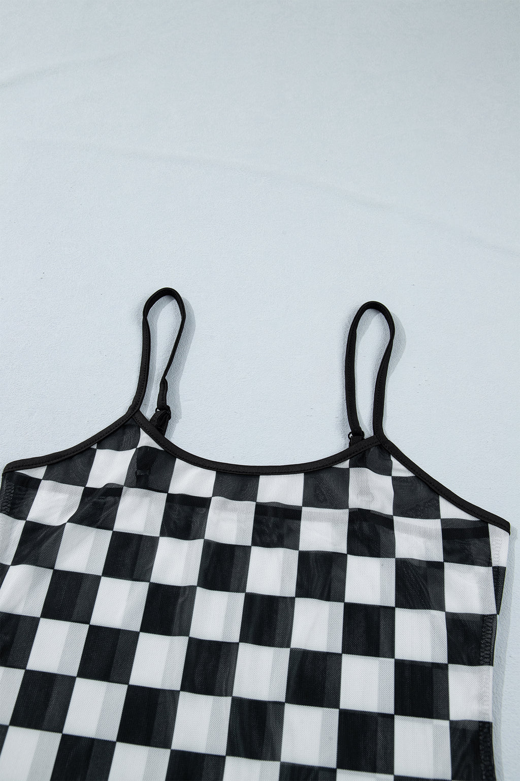 Black Sheer Checkered Print Spaghetti Strap Slim Tank Top
