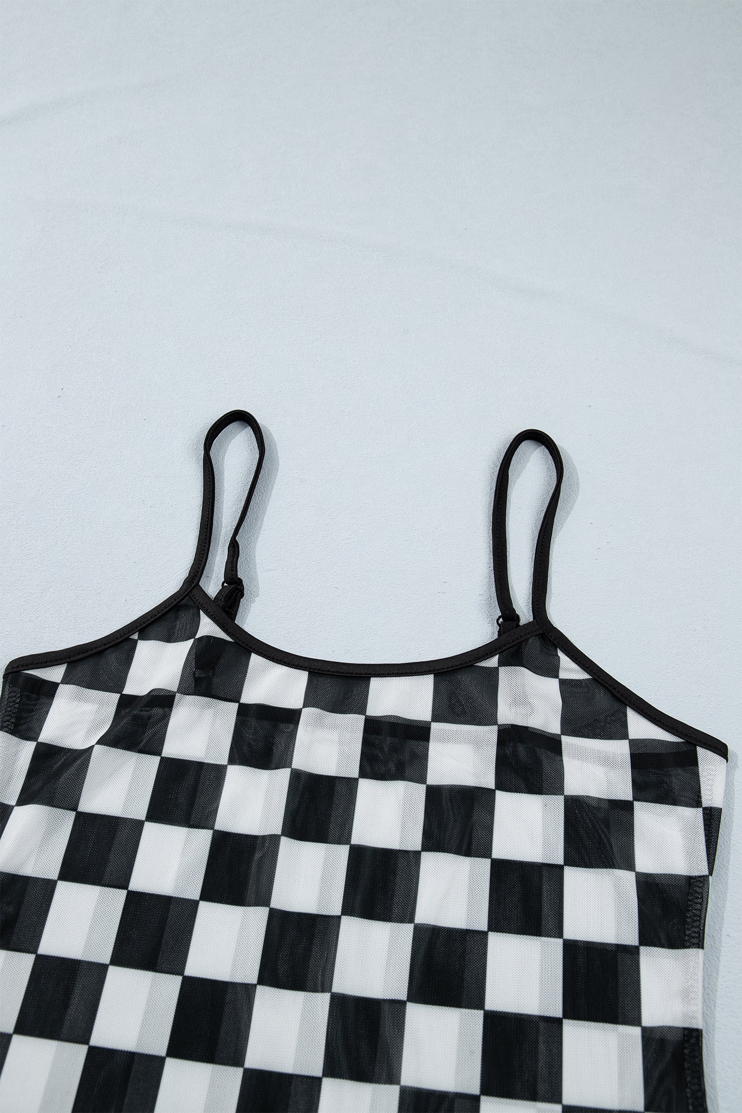 Black Sheer Checkered Print Spaghetti Strap Slim Tank Top