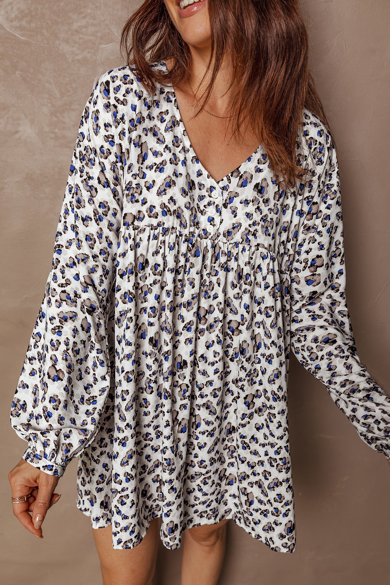Women's Multicolour Leopard Print V Neck Button Detail Long Sleeve Mini Dress at LivelyLooks
