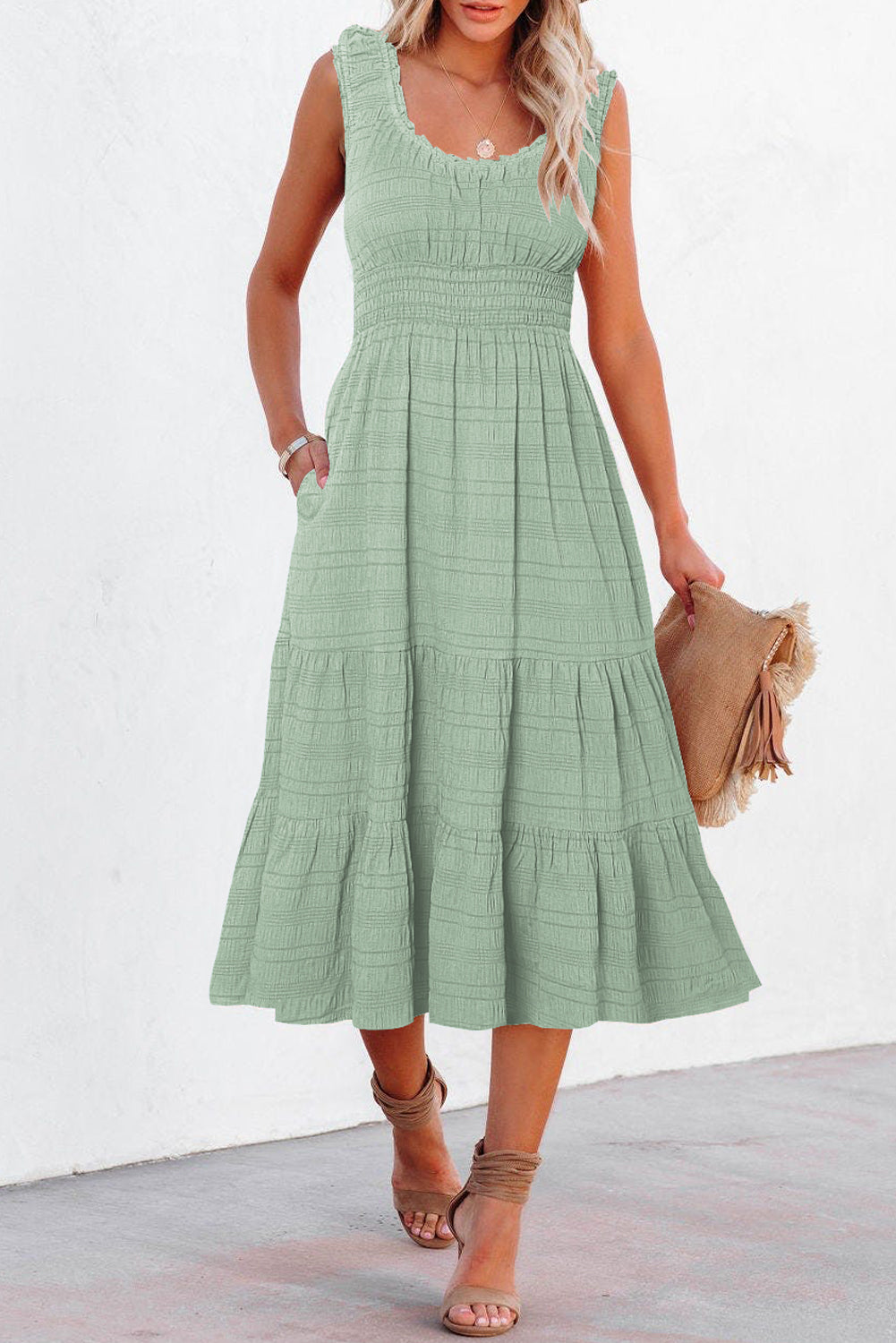 Shop Shirred Pleated Square Neck Sleeveless Midi Dress | S-XL at LivelyLooks