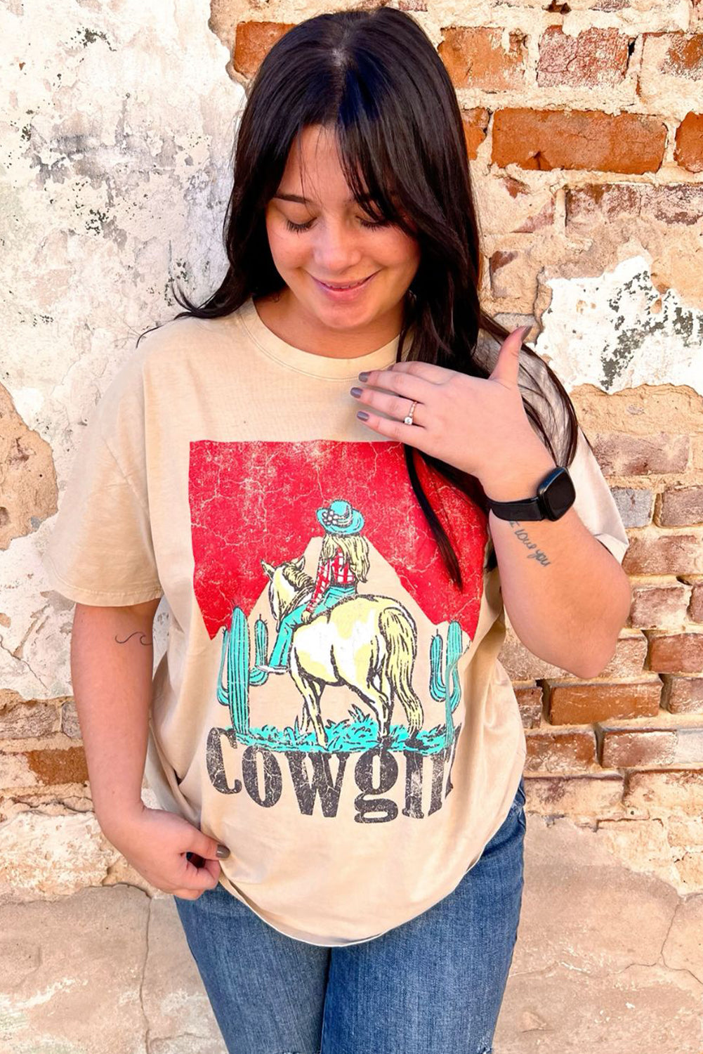 Shop Khaki Cowgirl Rodeo Graphic Western Fashion Tee S-3XL at LivelyLooks