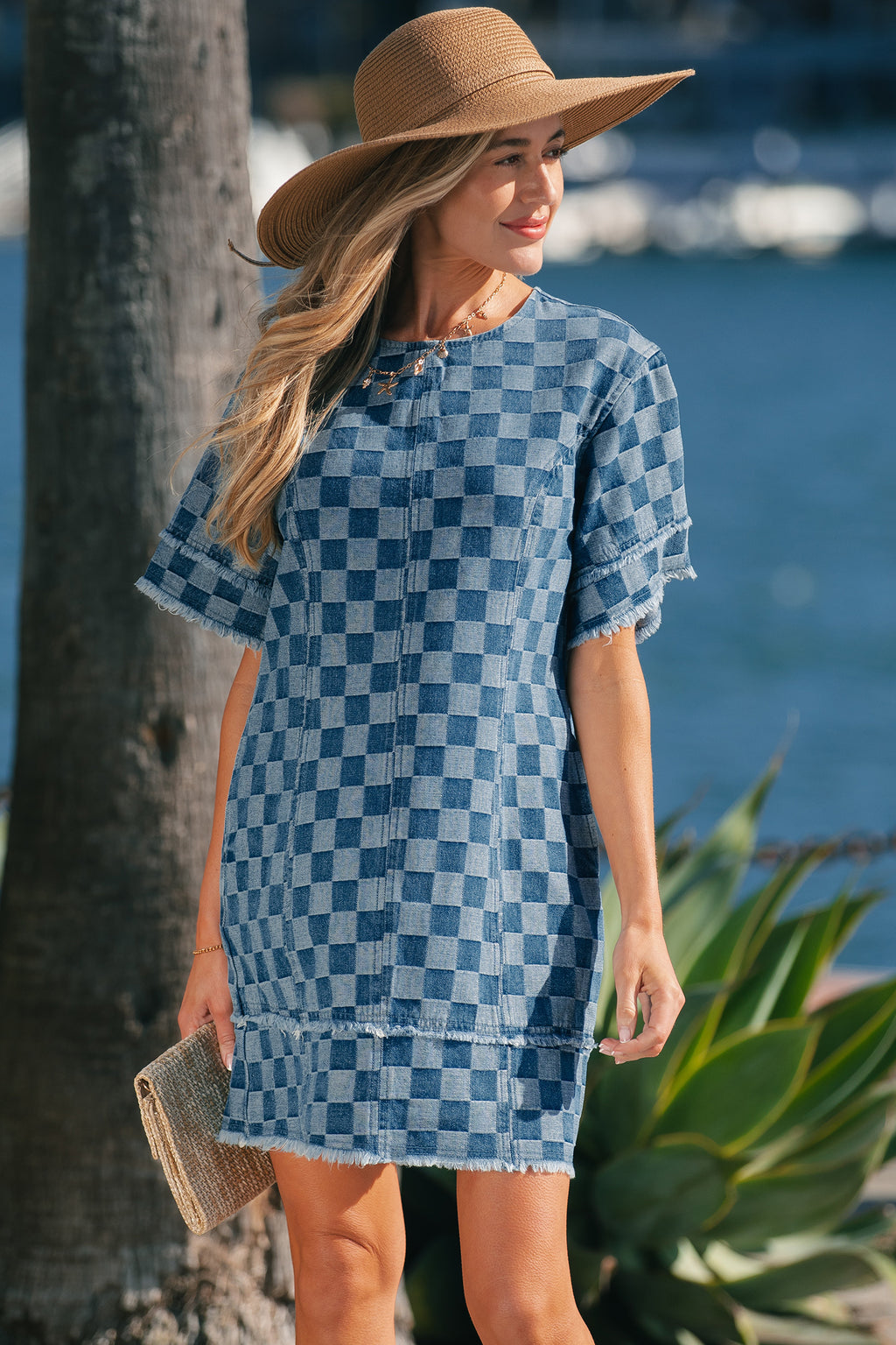 LivelyLooks Checkered Frayed Hem Patchwork Denim Mini Dress Blue S-XL women's fashion
