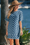 LivelyLooks Checkered Frayed Hem Patchwork Denim Mini Dress Blue S-XL women's fashion