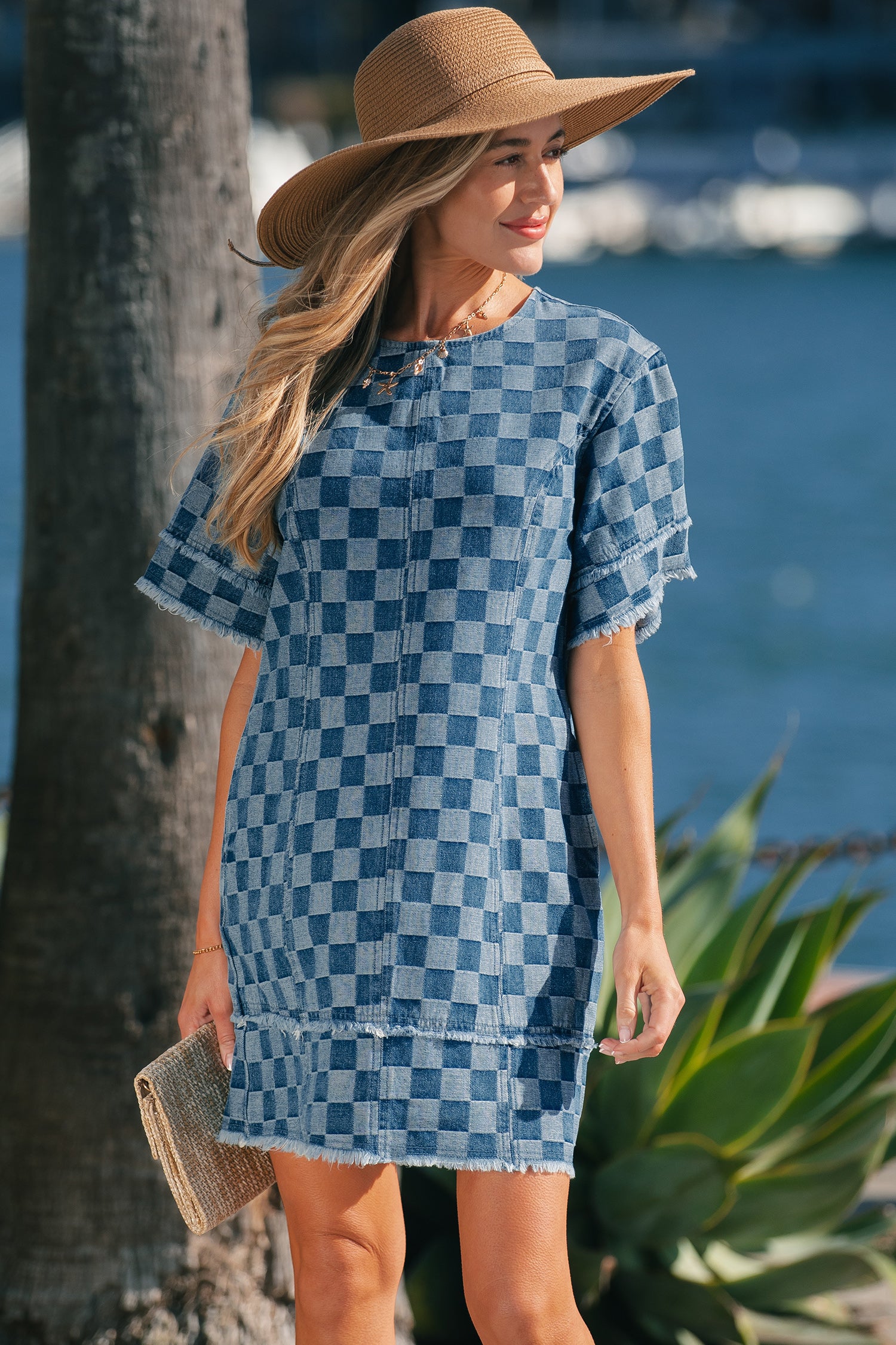 LivelyLooks Checkered Frayed Hem Patchwork Denim Mini Dress Blue S-XL women's fashion