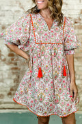 Pink Floral Print Tassel Tie V Neck Scalloped Mini Dress | UK 8–22