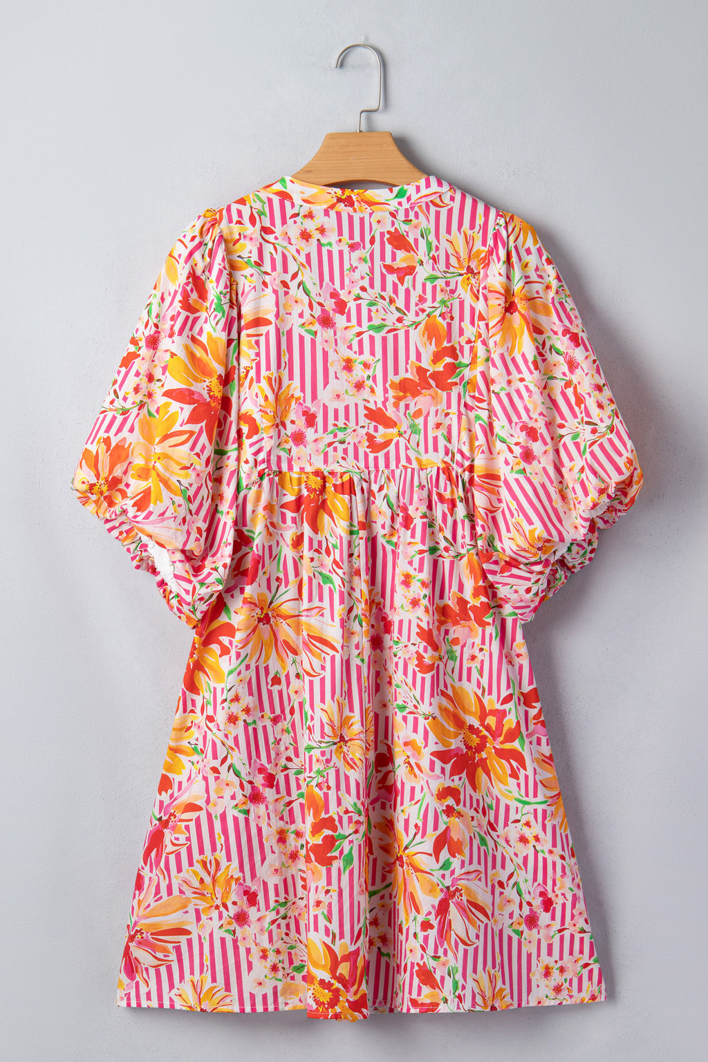 Pink Striped Floral Tie Neck Puff Sleeve Loose Mini Dress S-XL