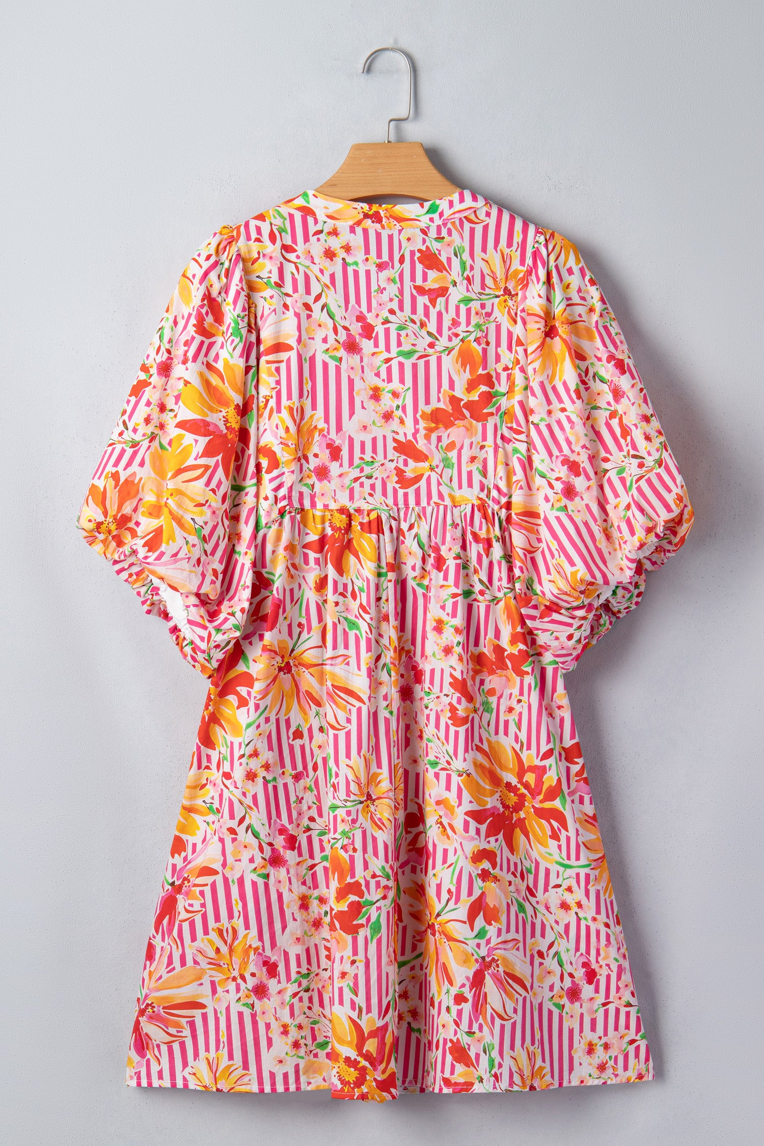 Pink Striped Floral Tie Neck Puff Sleeve Loose Mini Dress S-XL