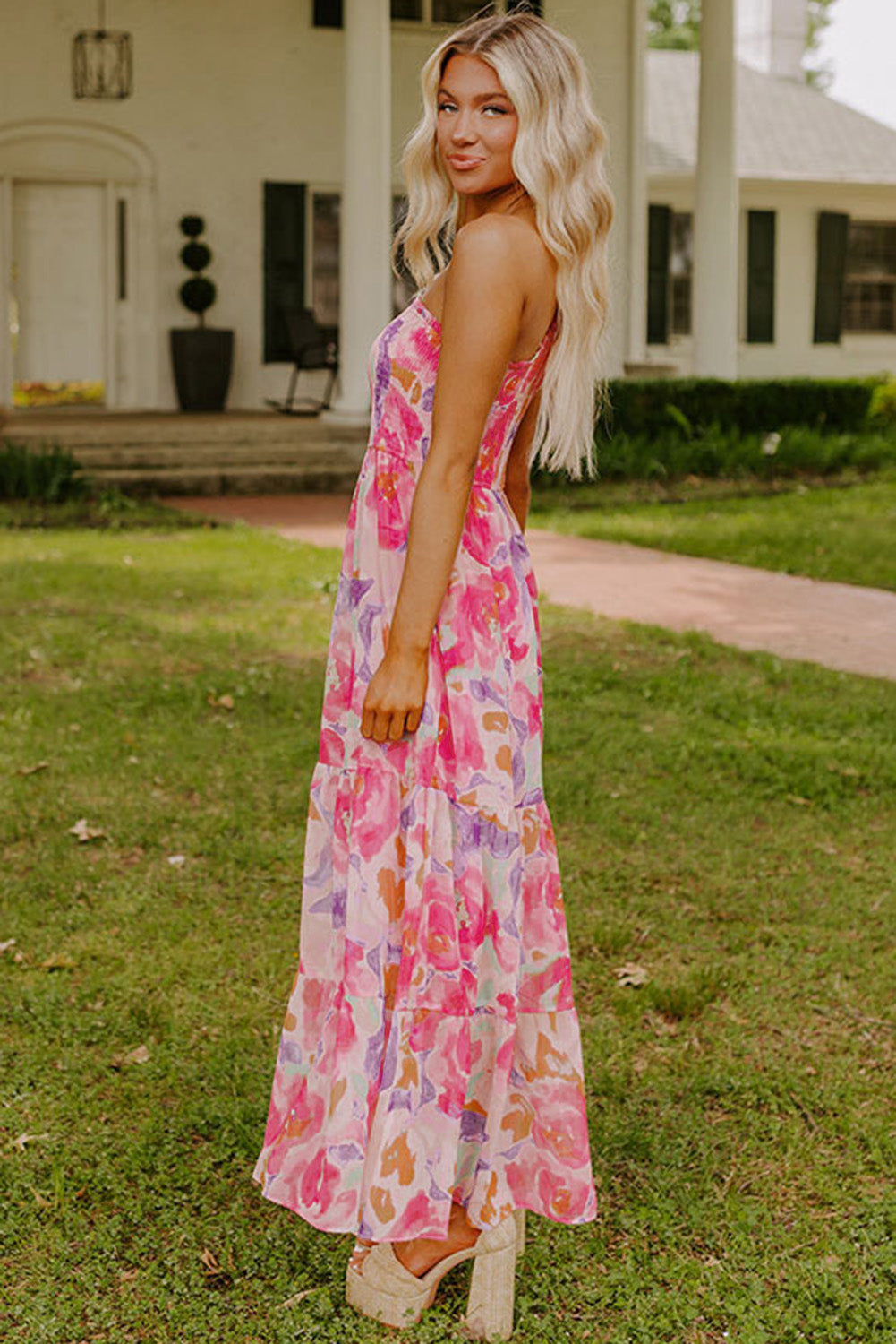 LivelyLooks Pink Abstract Floral Shirred One-Shoulder Maxi Dress women's fashion