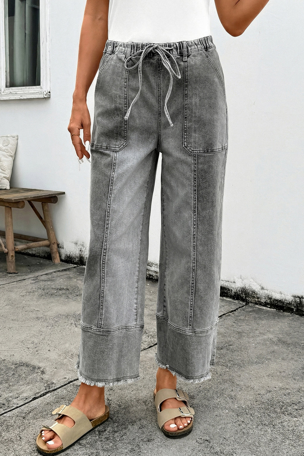 Shop Drawstring Seam Detail Raw Hem Wide Leg Denim Jeans UK 8-22 at LivelyLooks