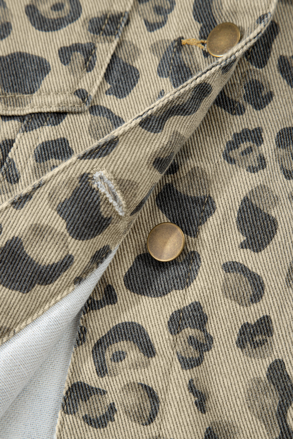 Khaki Retro Leopard Print Seam Detail Button Down Denim Jacket | UK 8–22