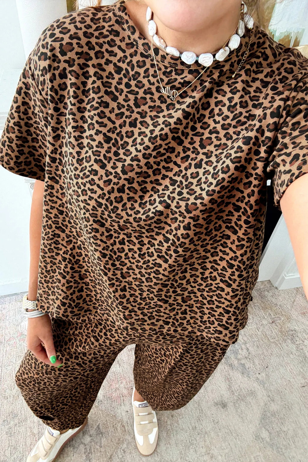Leopard High-Low Loose Tee & Ankle Length Pants Set | Brown & White | UK 8–22