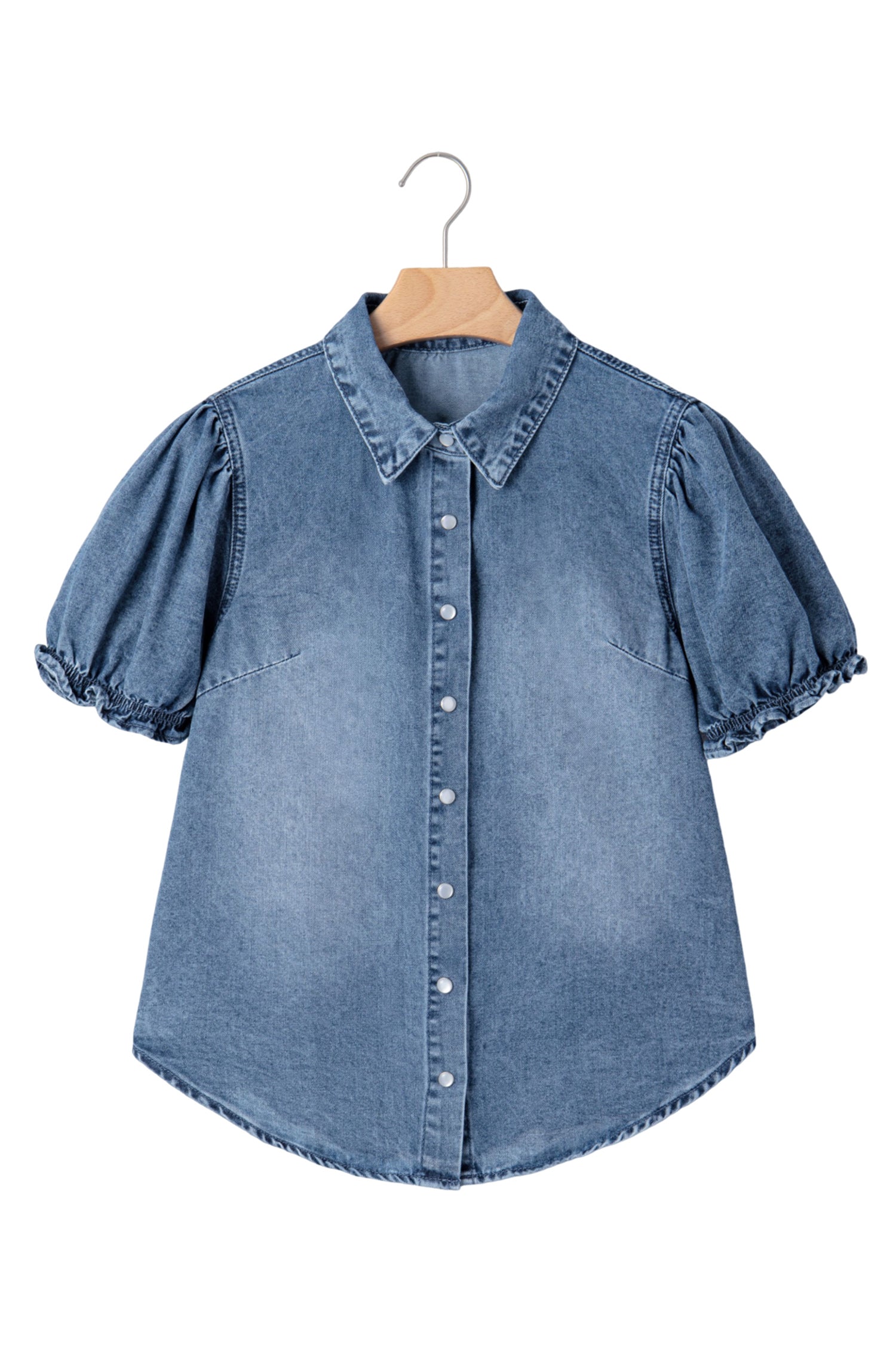 LivelyLooks Beau Blue Frilled Short Sleeve Snap Button Denim Shirt women's fashion