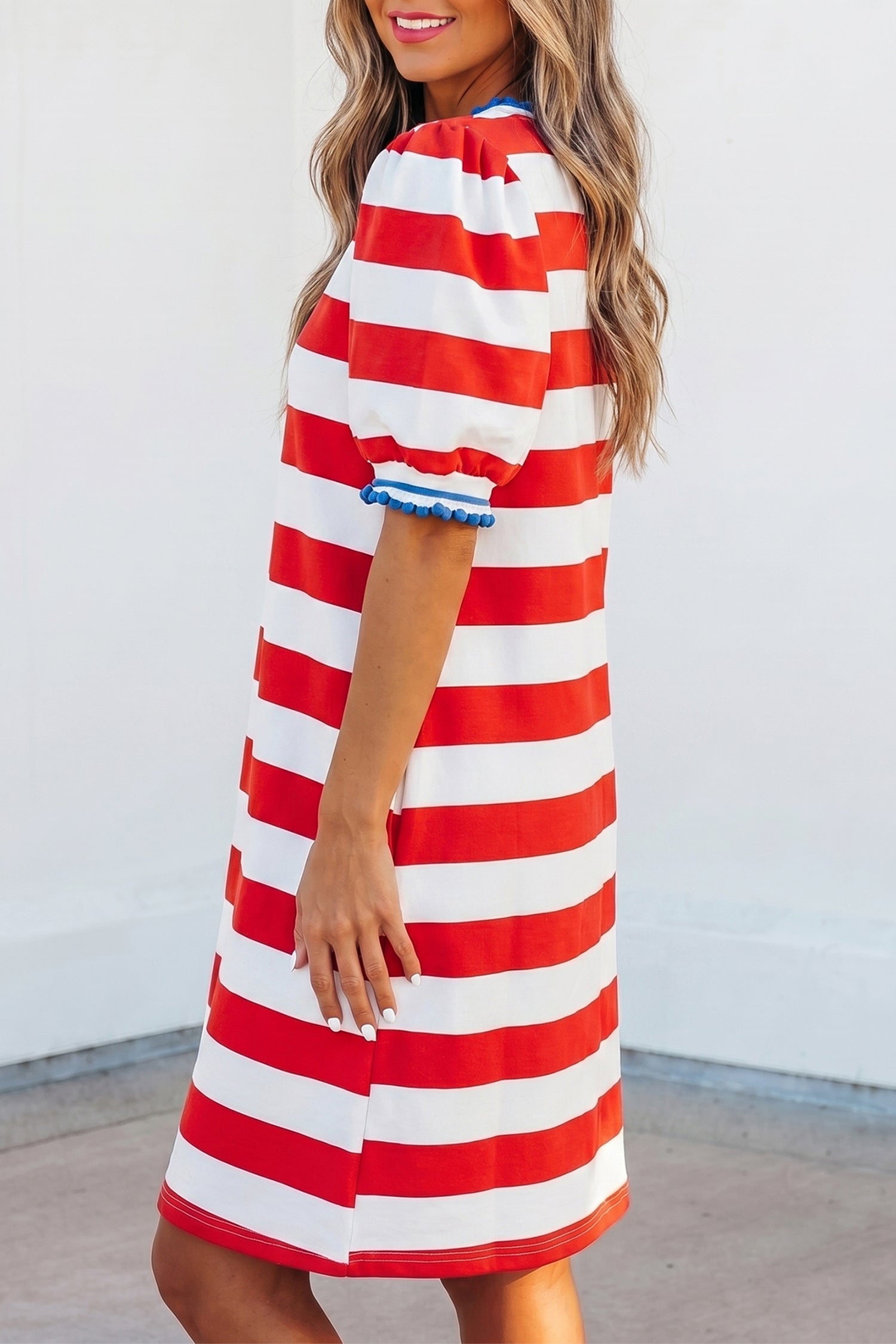 Red Stripe Contrast Trim Round Neck Puff Sleeve Shift Mini Dress S-XL