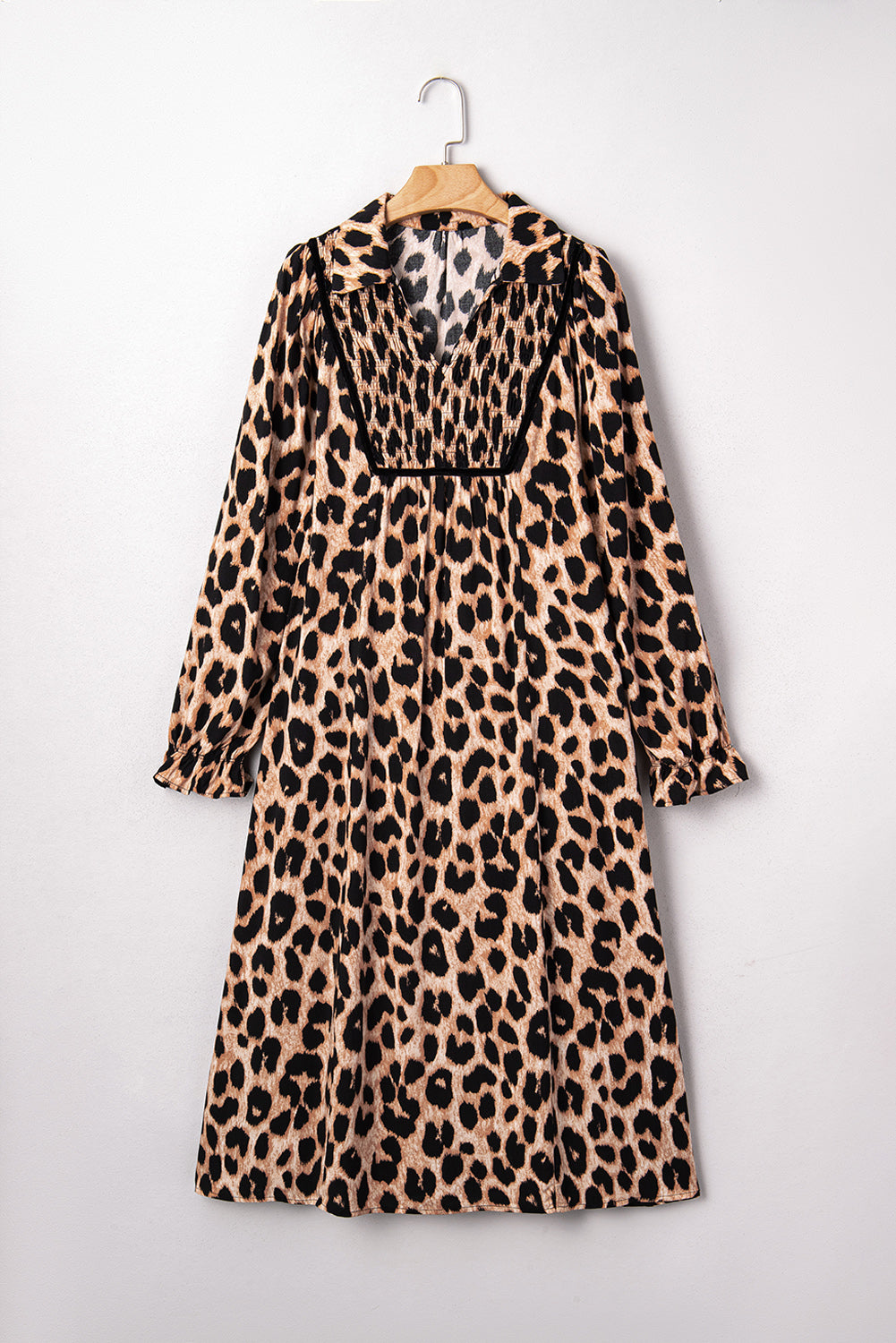 Women's Brown Leopard Print Smocked Detail Flowy Midi Dress at LivelyLooks