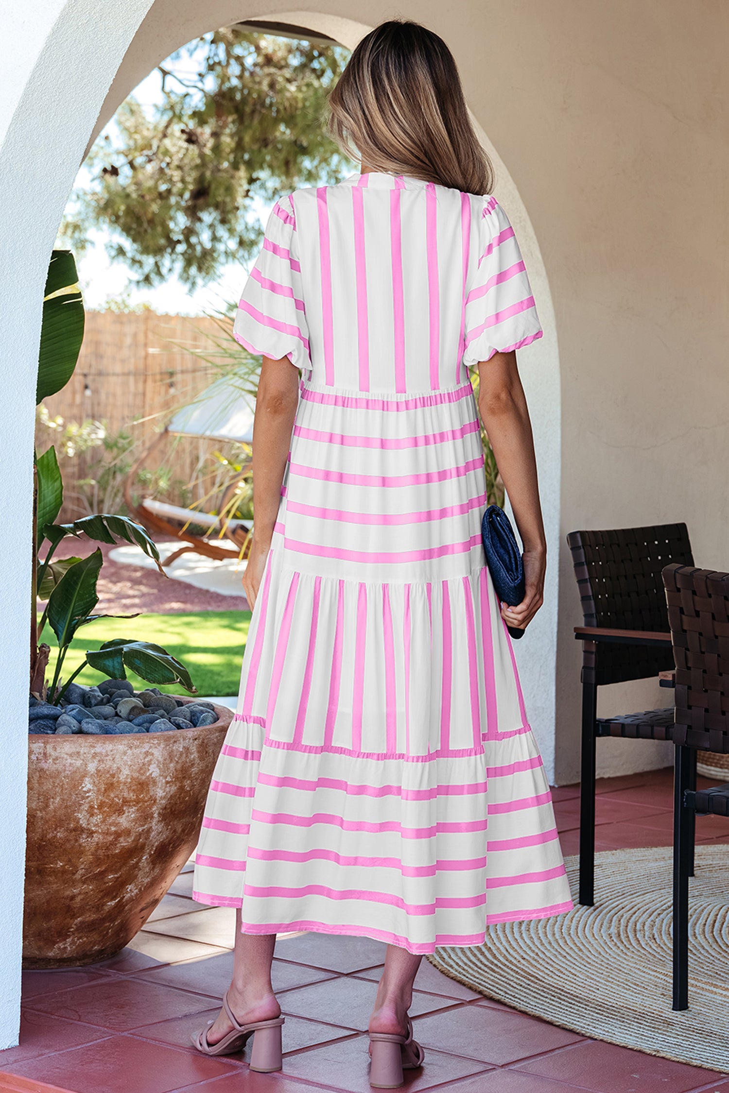 Shop Women's Stripe Ricrac Trim Notched V-Neck Puff Sleeve Midi Dress Pink at LivelyLooks