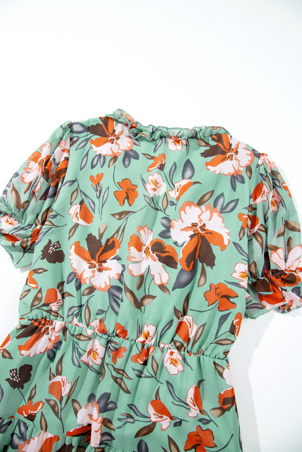 Women's Floral Print Frilled V-Neck Short Sleeve Maxi Dress Blue Black Green S-XL at LivelyLooks