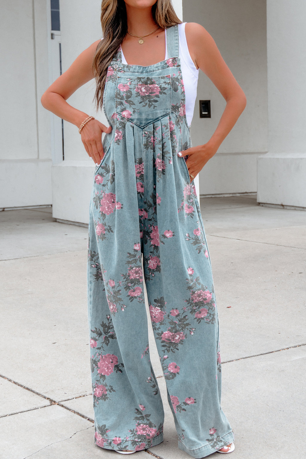 Floral Print Pleated High Waist Wide Leg Denim Jumpsuit | S-XL
