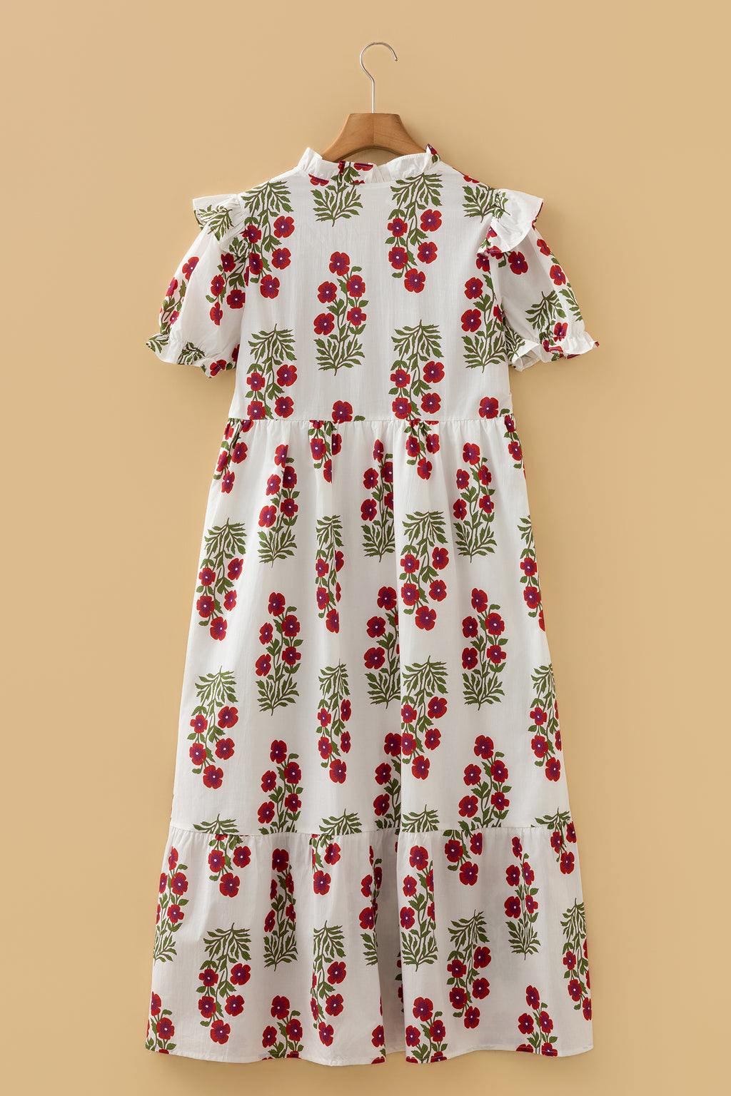 Floral Tiered Maxi Dress Bubble Sleeve Beige Black Women S-XL