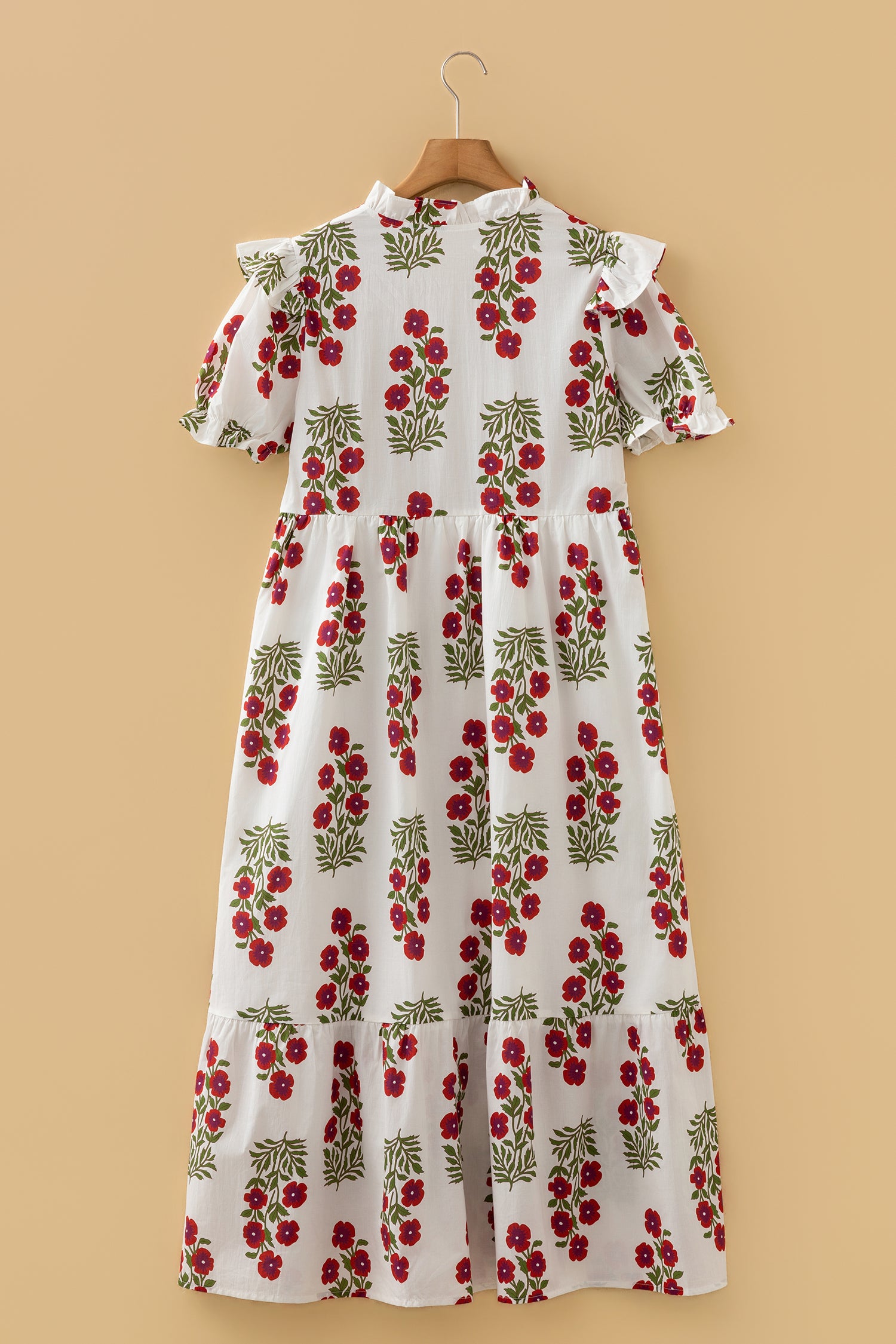Floral Tiered Maxi Dress Bubble Sleeve Beige Black Women S-XL