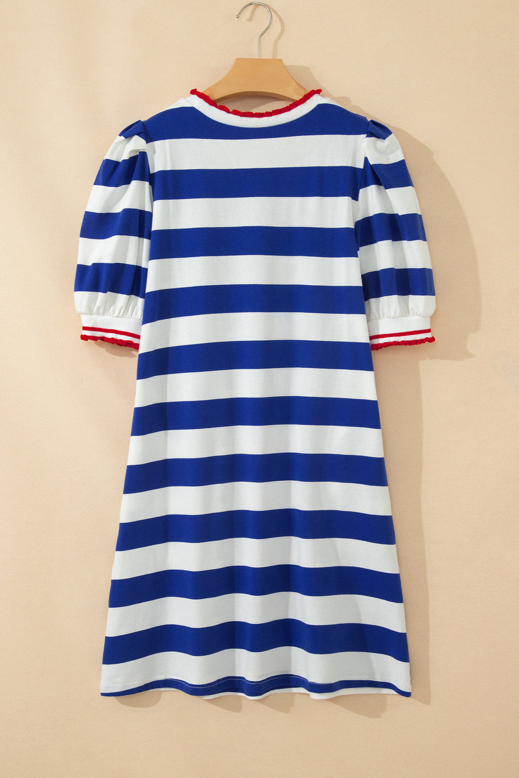 Women's Blue Stripe Contrast Trim Puff Sleeve Shift Mini Dress Stretch S-XL at LivelyLooks