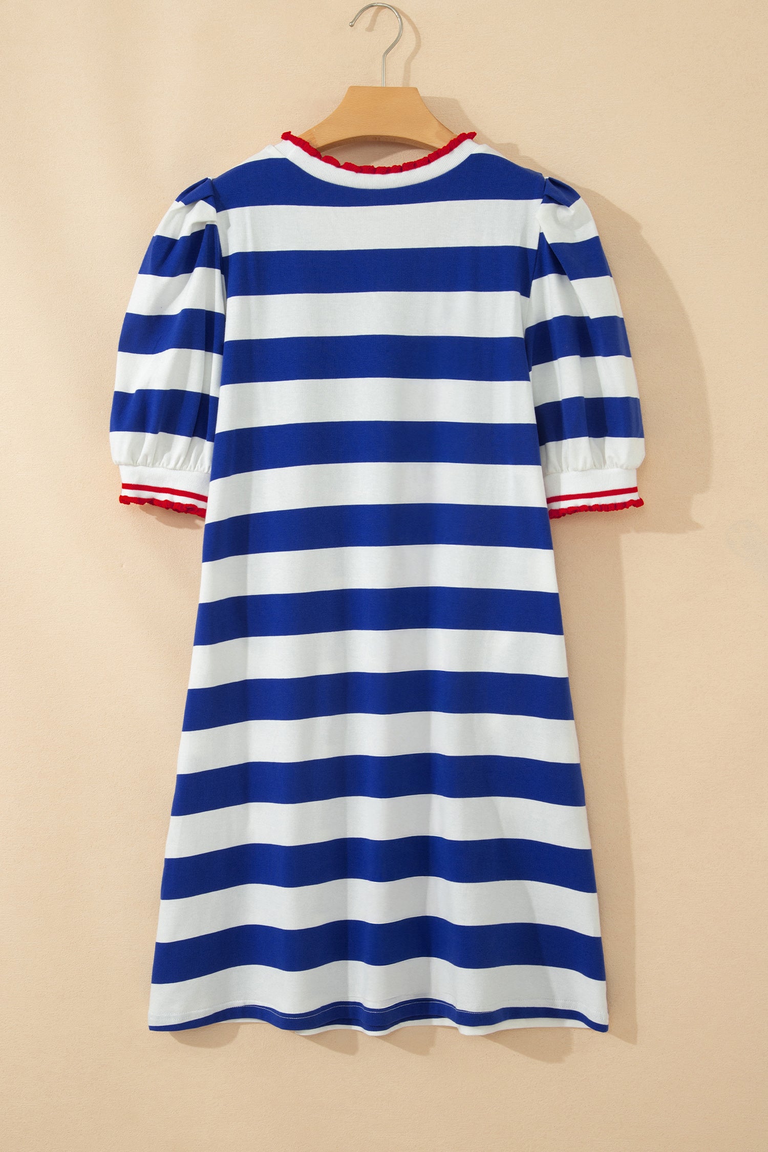 Women's Blue Stripe Contrast Trim Puff Sleeve Shift Mini Dress Stretch S-XL at LivelyLooks
