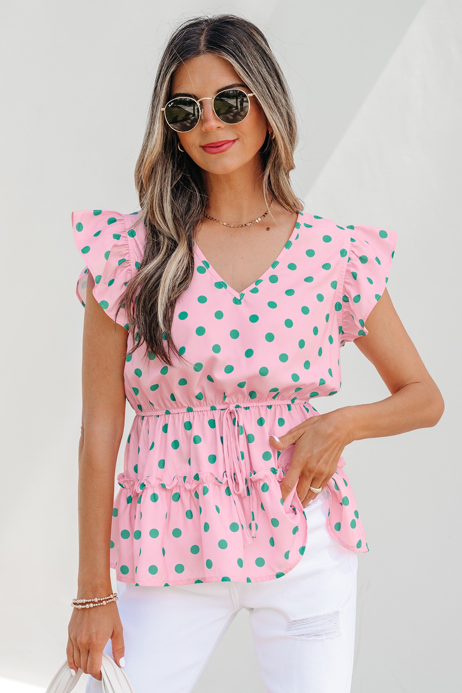 Women's Pink Polka Dot V-Neck Drawstring Tiered Babydoll Blouse at LivelyLooks