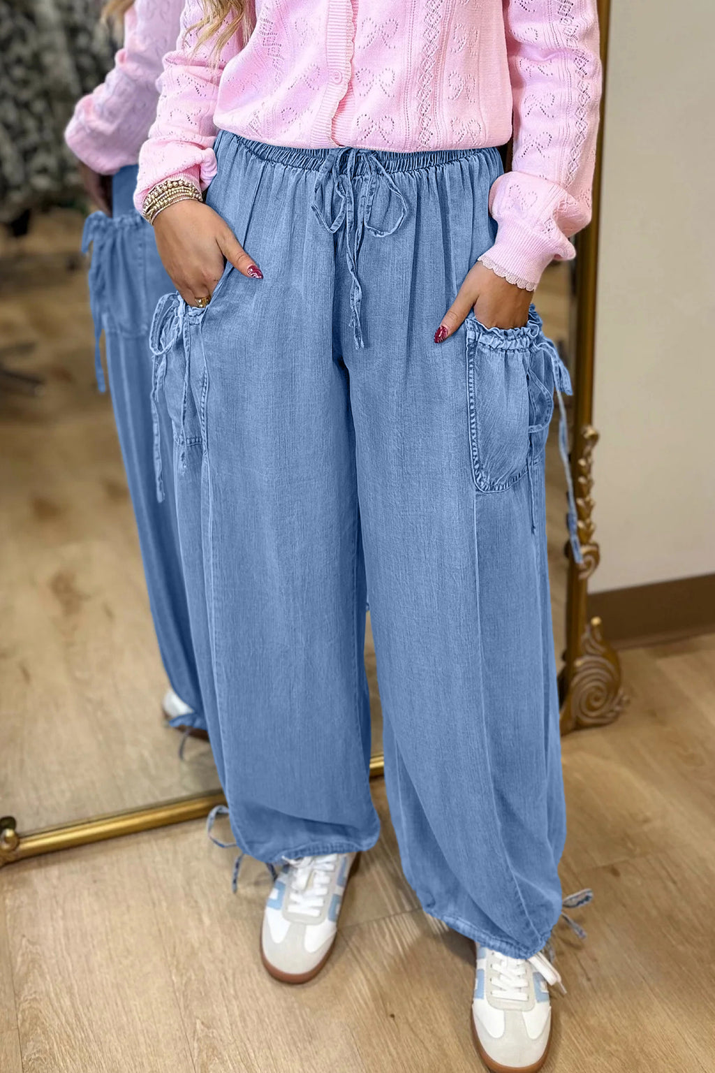 Beau Blue Drawstring Elastic Waist Pocketed Loose Denim Pants | UK 8–18