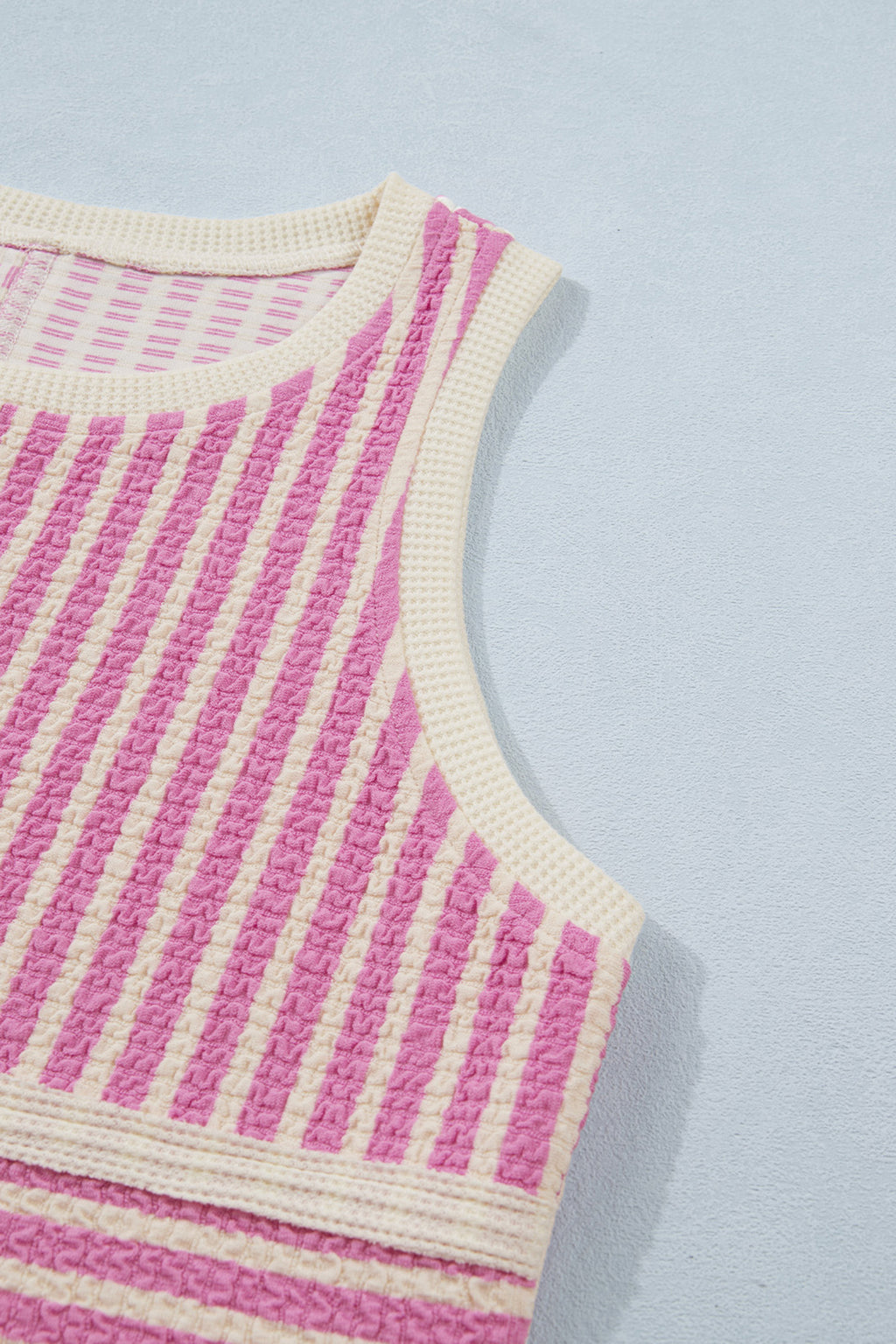 Pink Stripe Textured Contrast Trim Tank & Shorts Co-ord Set