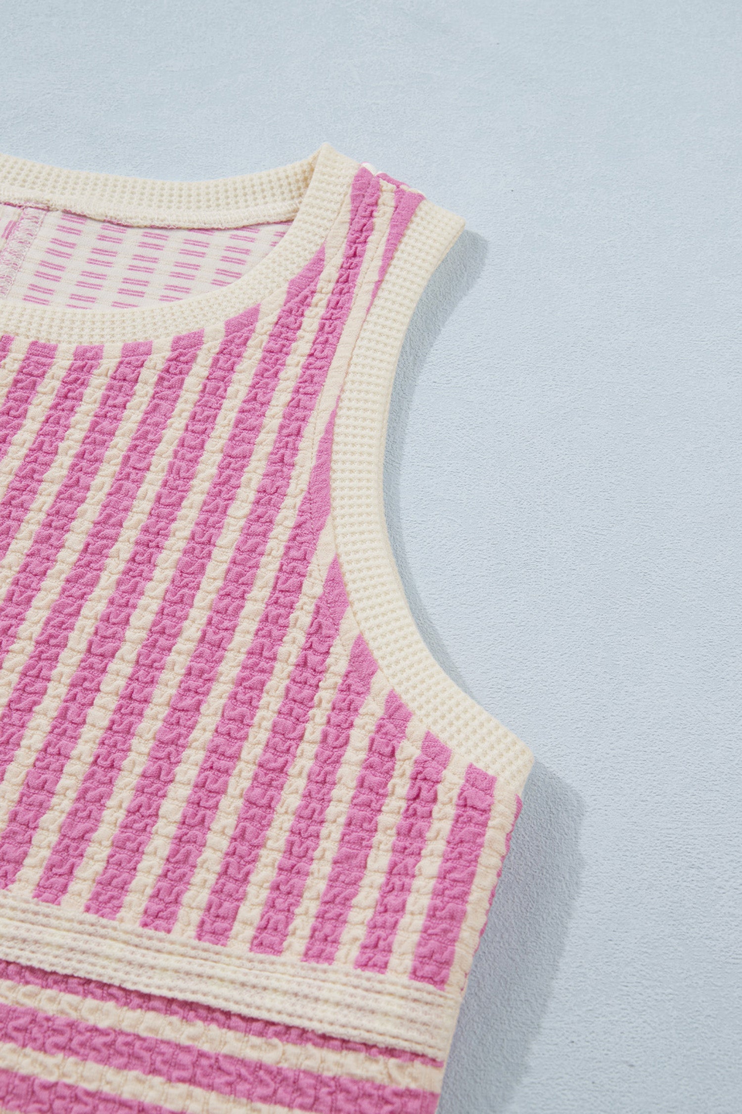 Pink Stripe Textured Contrast Trim Tank & Shorts Co-ord Set