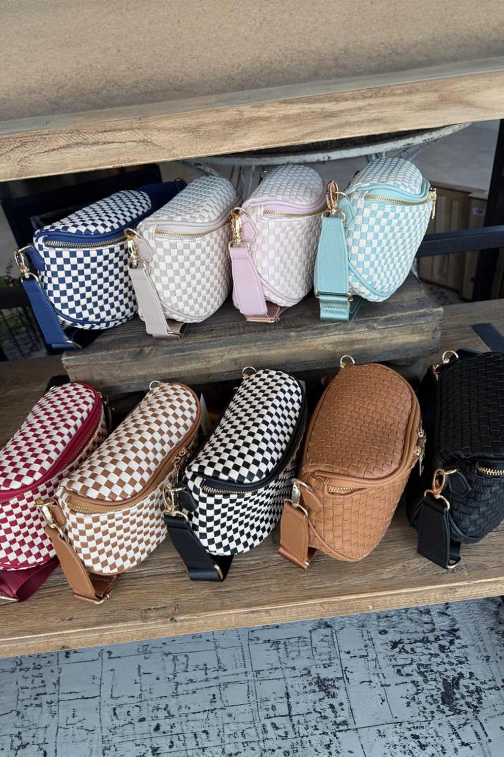 Women's Checkerboard Woven Zip Crossbody Bag at LivelyLooks