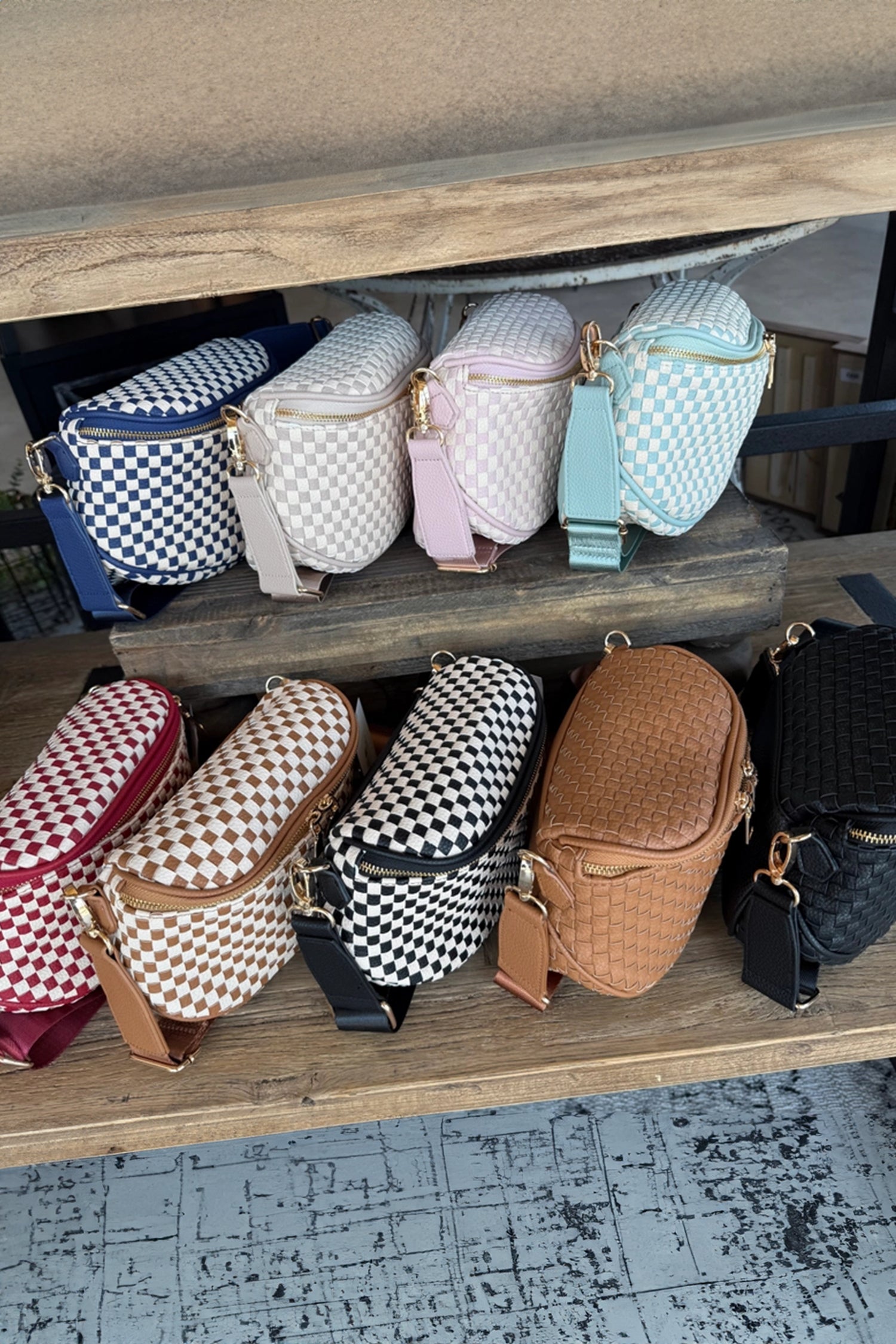 Women's Checkerboard Woven Zip Crossbody Bag at LivelyLooks