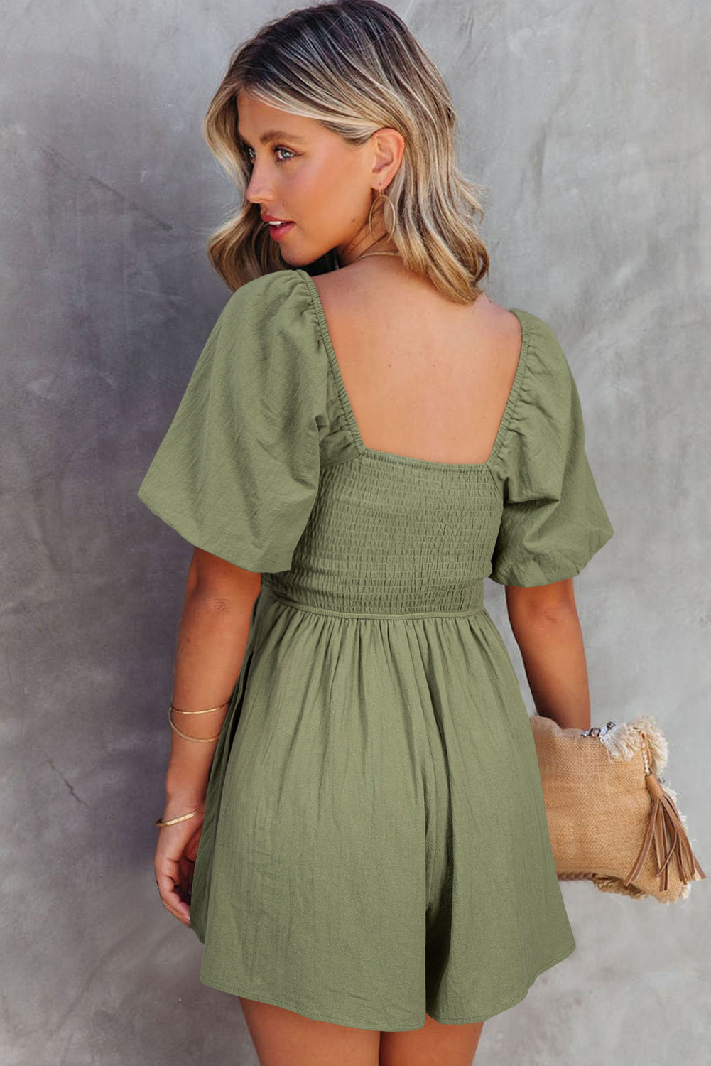 Sky Blue & Brown Square Neck Ruched Puff Sleeve Romper