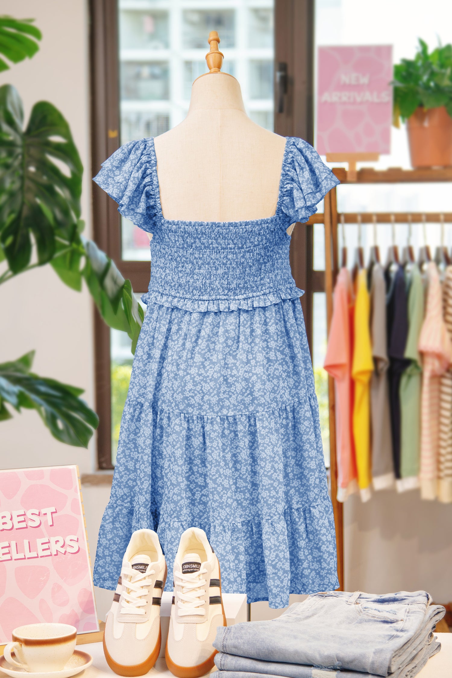 Sky Blue Floral Smocked Tiered Mini Dress Square Neck Flutter Sleeve