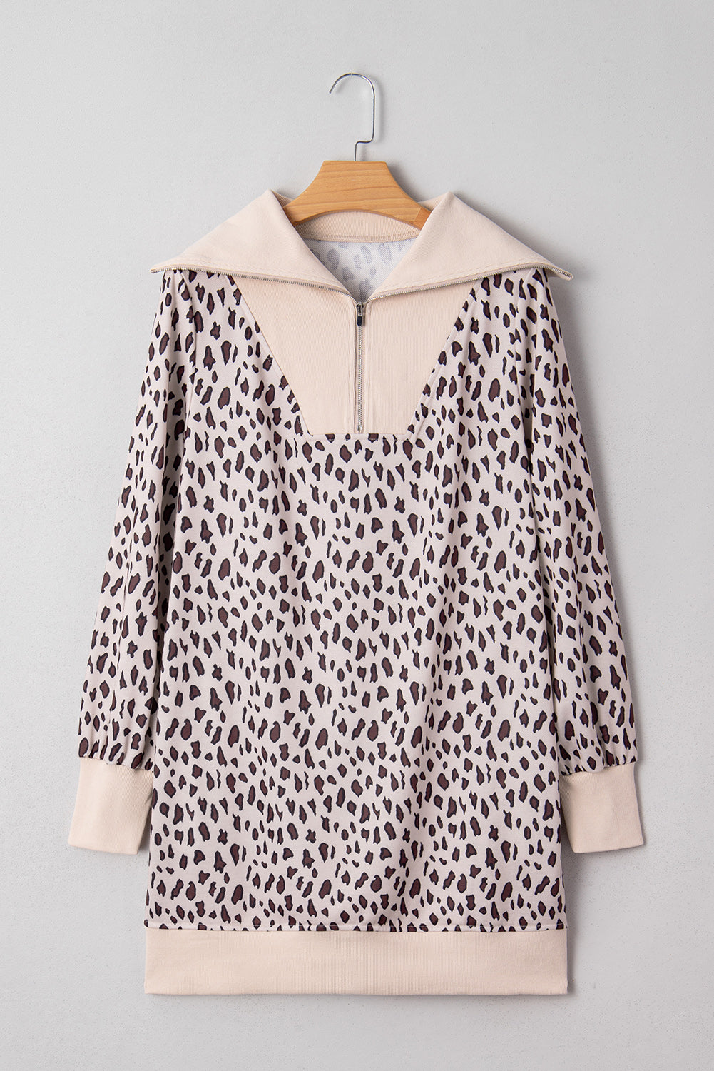 Women's Khaki Leopard Print Zip up Collar Patchwork Shift Mini Dress at LivelyLooks