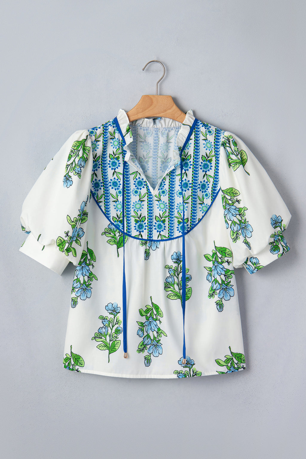 White Floral Contrast Trim Tie Neck Puff Sleeve Blouse
