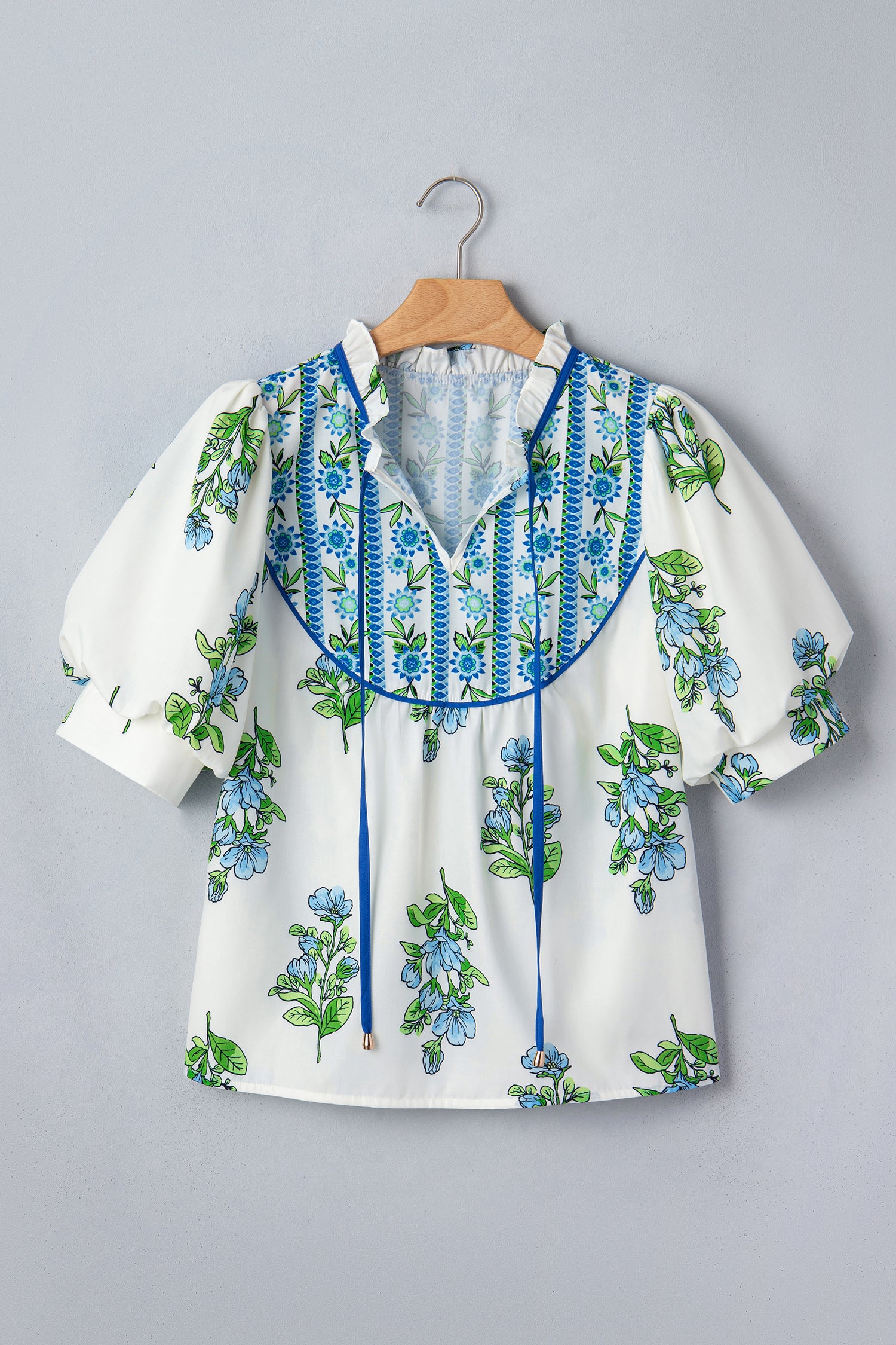 White Floral Contrast Trim Tie Neck Puff Sleeve Blouse